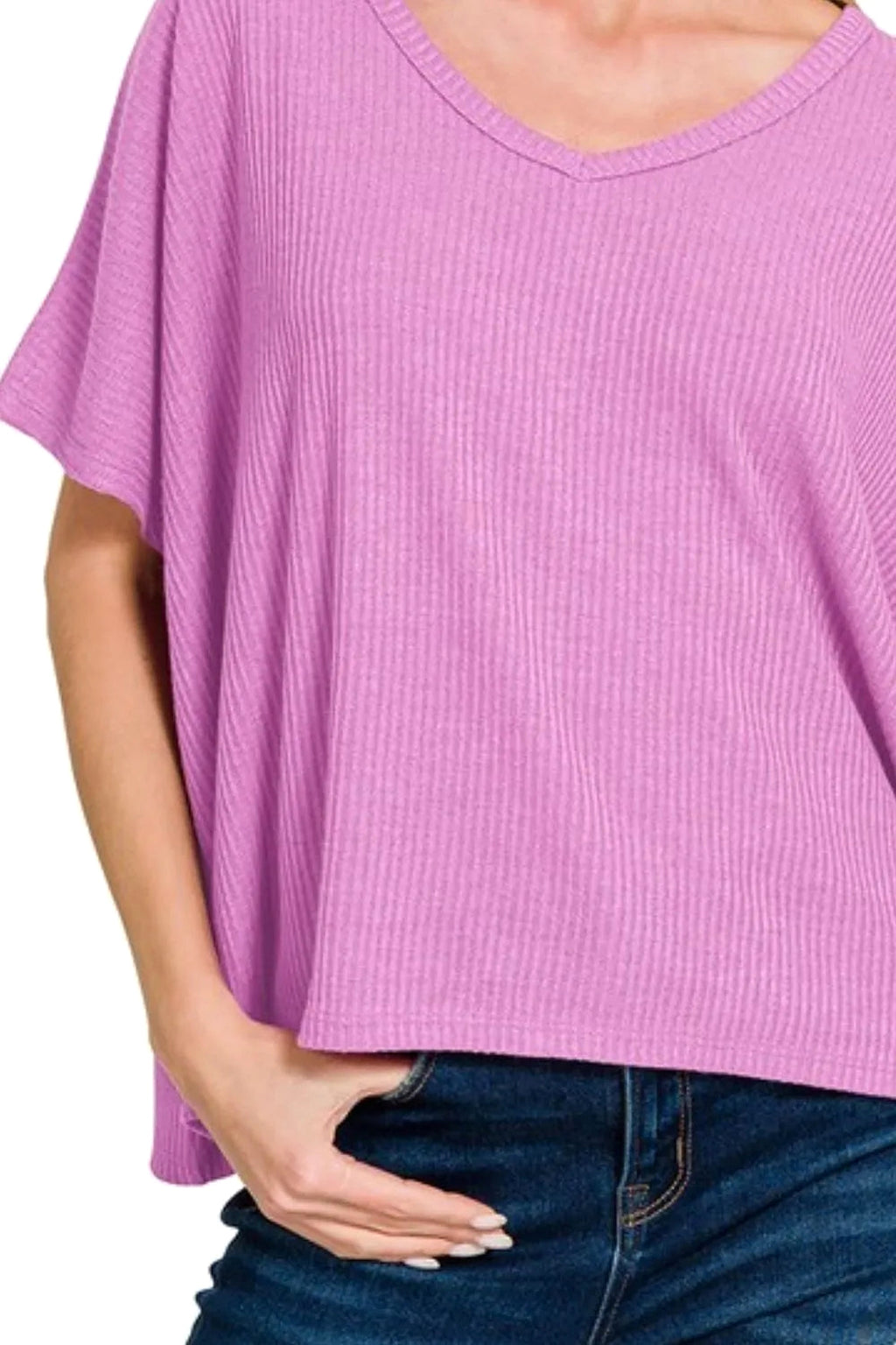 Zenana Ribbed V-Neck Short-Sleeve Knit Top - enhanced image 3