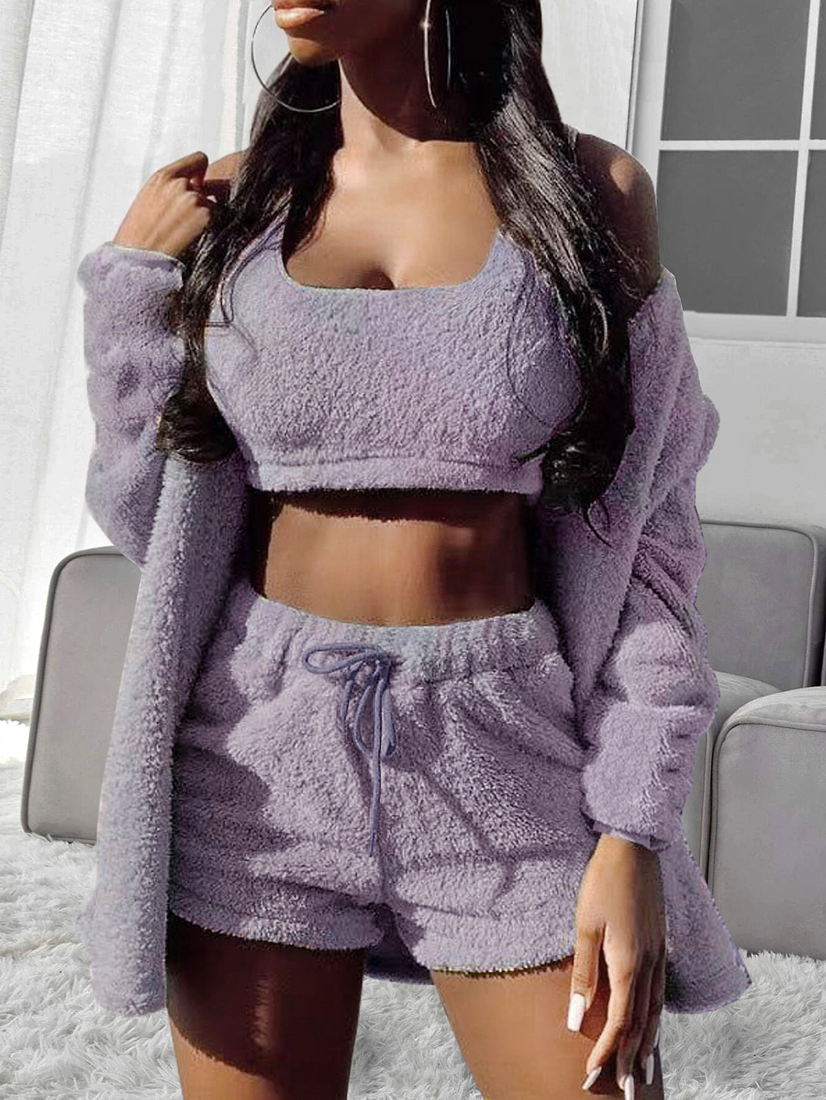 Suits 3pcs Winter Solid Color Double-sided Plush Warm Thickened Hooded Set Pajama - enhanced image 4