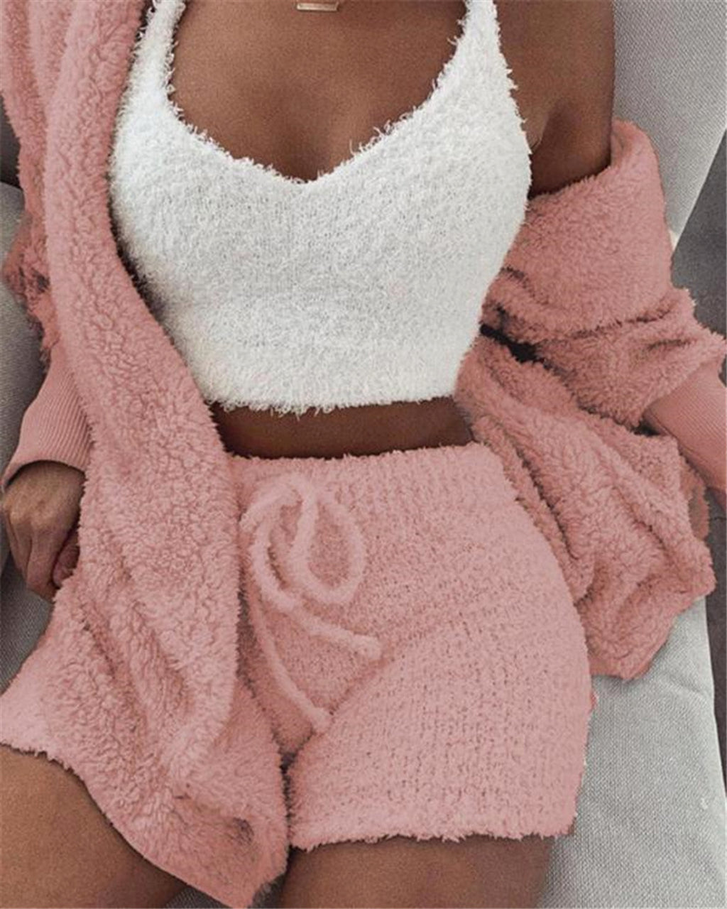 3pcs Women's Loungewear Set – Cozy Crop Tank, Drawstring Shorts & Long Sleeve Top - enhanced image 4