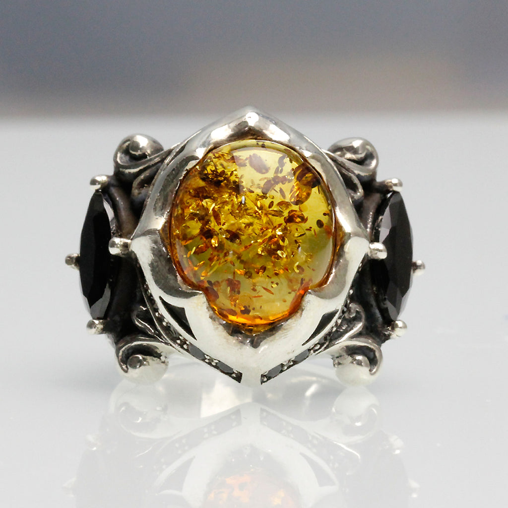 925 Thai Silver Ring Retro Gem Black Stone Amber - enhanced image 4