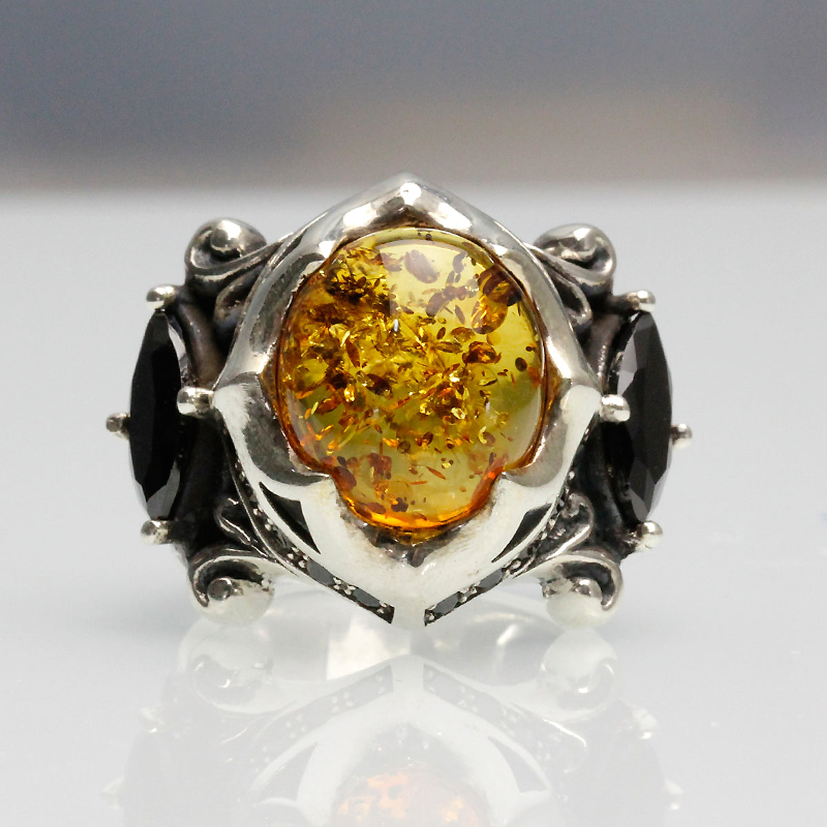925 Thai Silver Ring Retro Gem Black Stone Amber - enhanced image 4