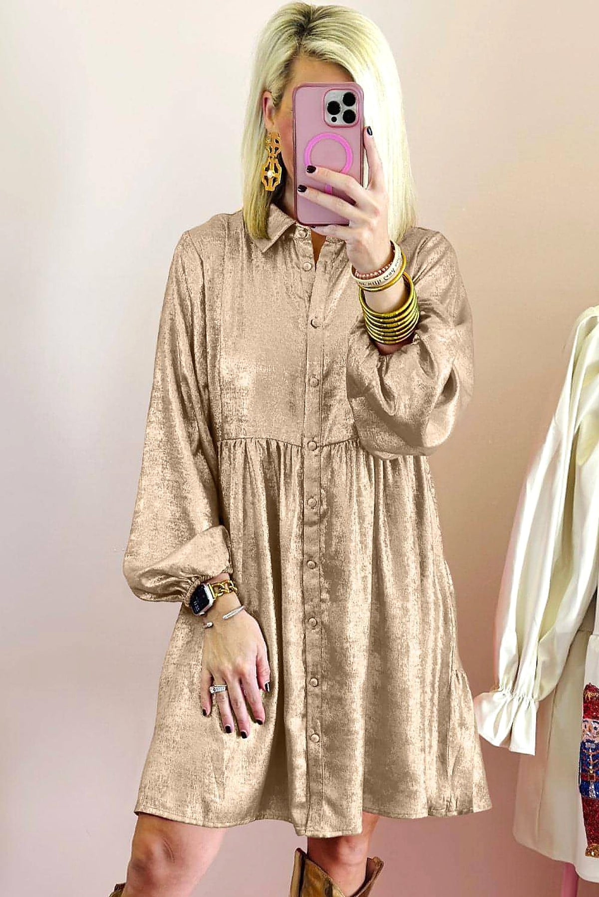 Apricot Metallic Sheen Puff Sleeve Button Up Mini Shirt Dress - enhanced image 4