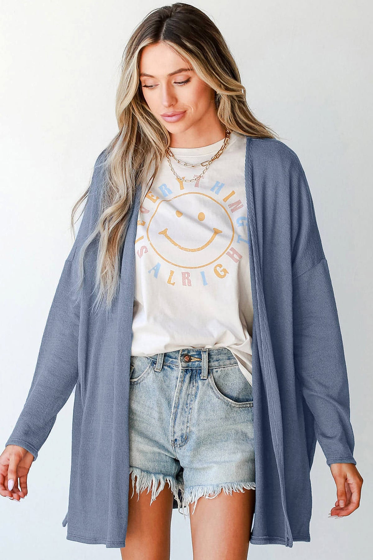 Ashleigh Blue Solid Color Rib Knit Open Front Tunic Cardigan - enhanced image 4