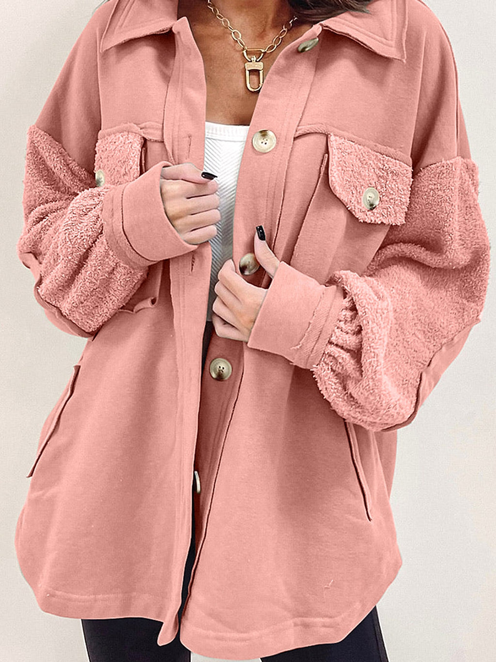 Autumn And Winter Plush Splicing Loose Jacket - enhanced image 4
