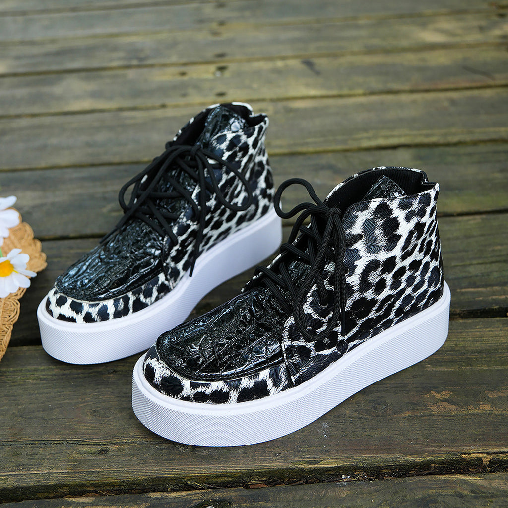 Autumn New High-top Leopard Print Flat-heeled Platform Lace Color Block Casual Women's Shoes - enhanced image 4