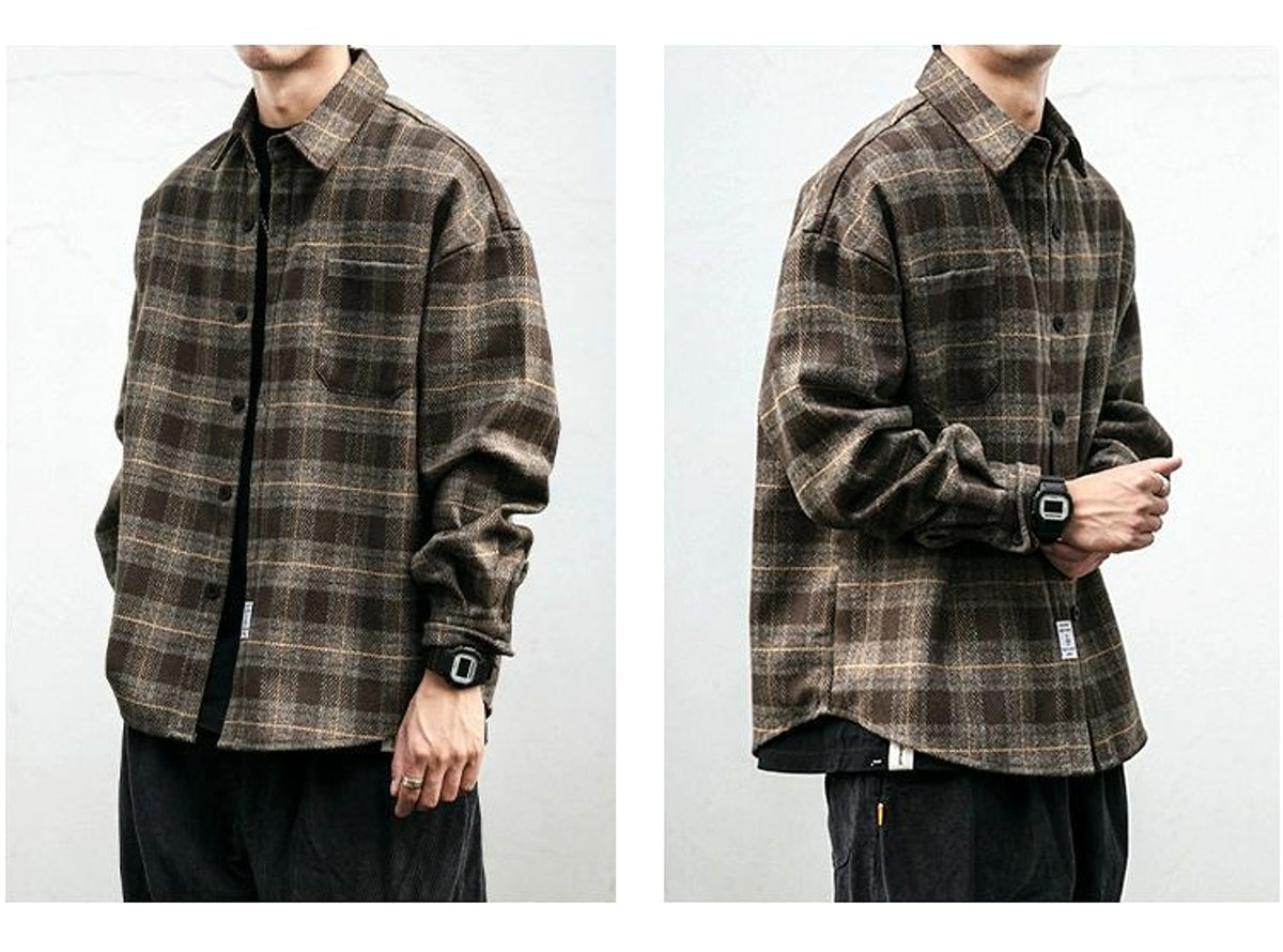 Autumn Winter Retro Sanding Padded Plaid DressShirt Men - enhanced image 4
