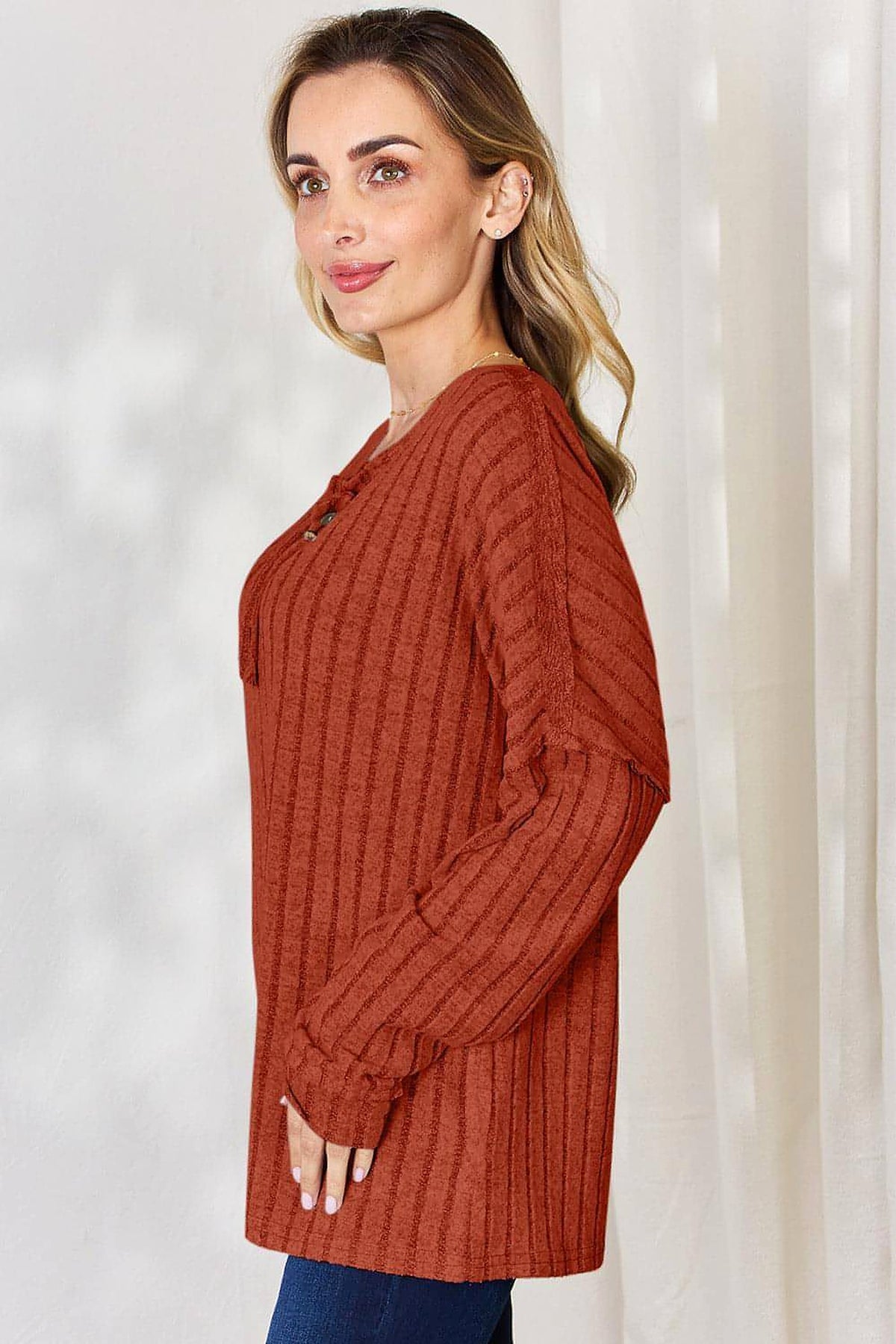 Basic Bae Full Size Ribbed Half Button Long Sleeve T-Shirt - enhanced image 4