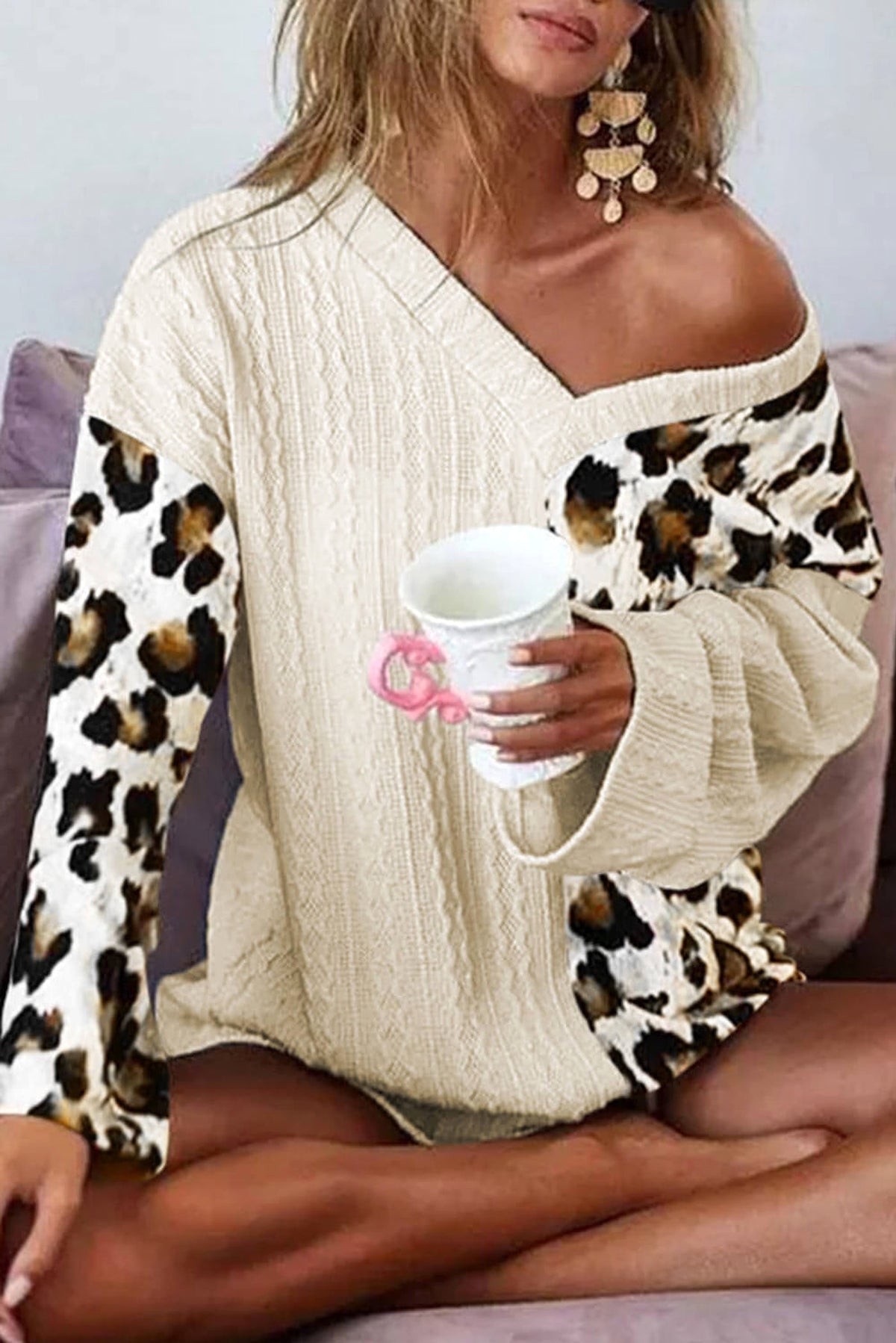Beige Asymmetric Leopard Patchwork Wide Sleeve V Neck Sweater - enhanced image 4