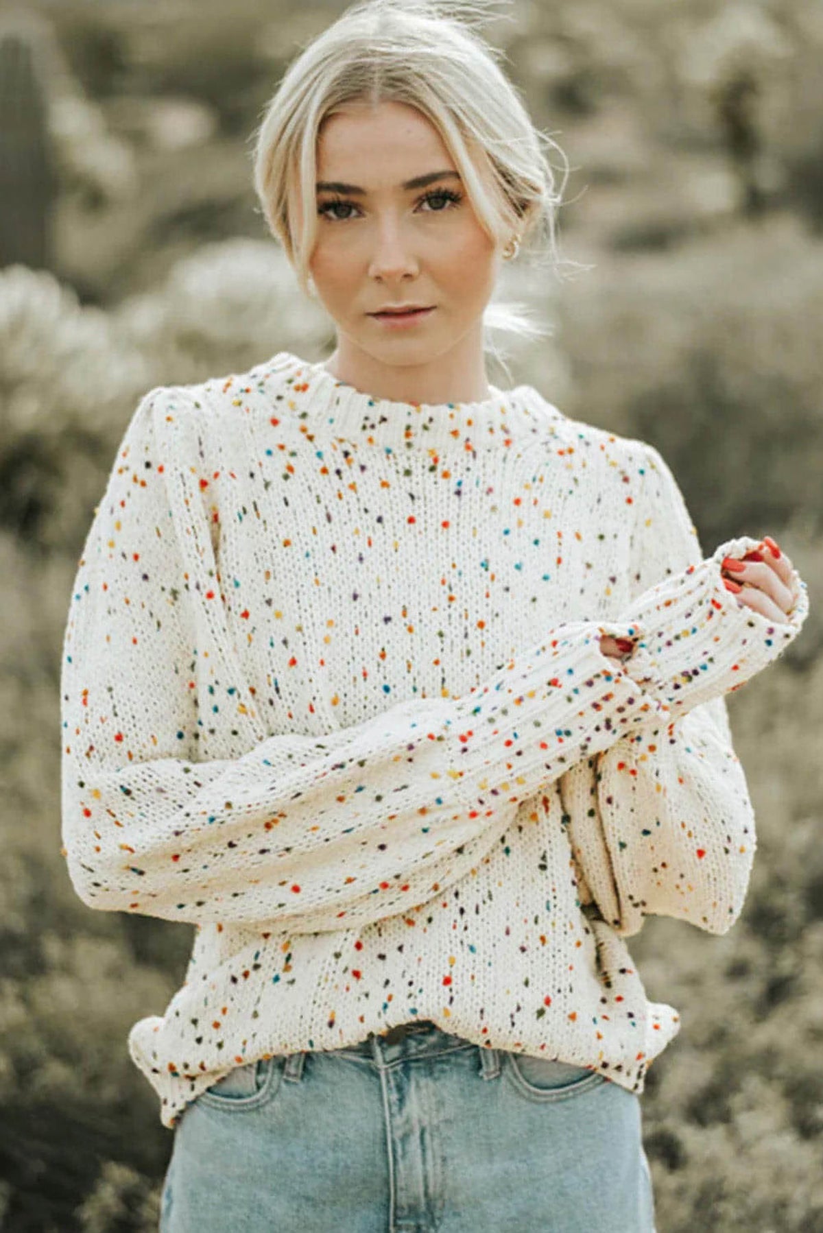 Beige Colorful Confetti Dots Cable Knit Crew Neck Sweater - enhanced image 4