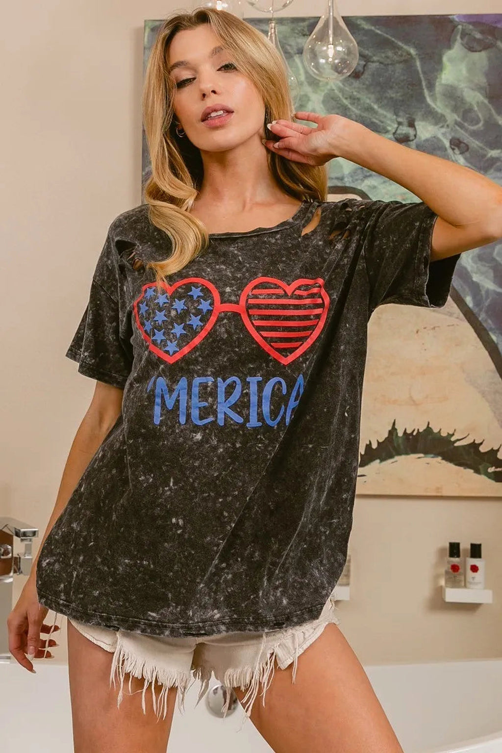 BiBi 4th Of July Theme Mineral Washed Laser Cut Top - enhanced image 4
