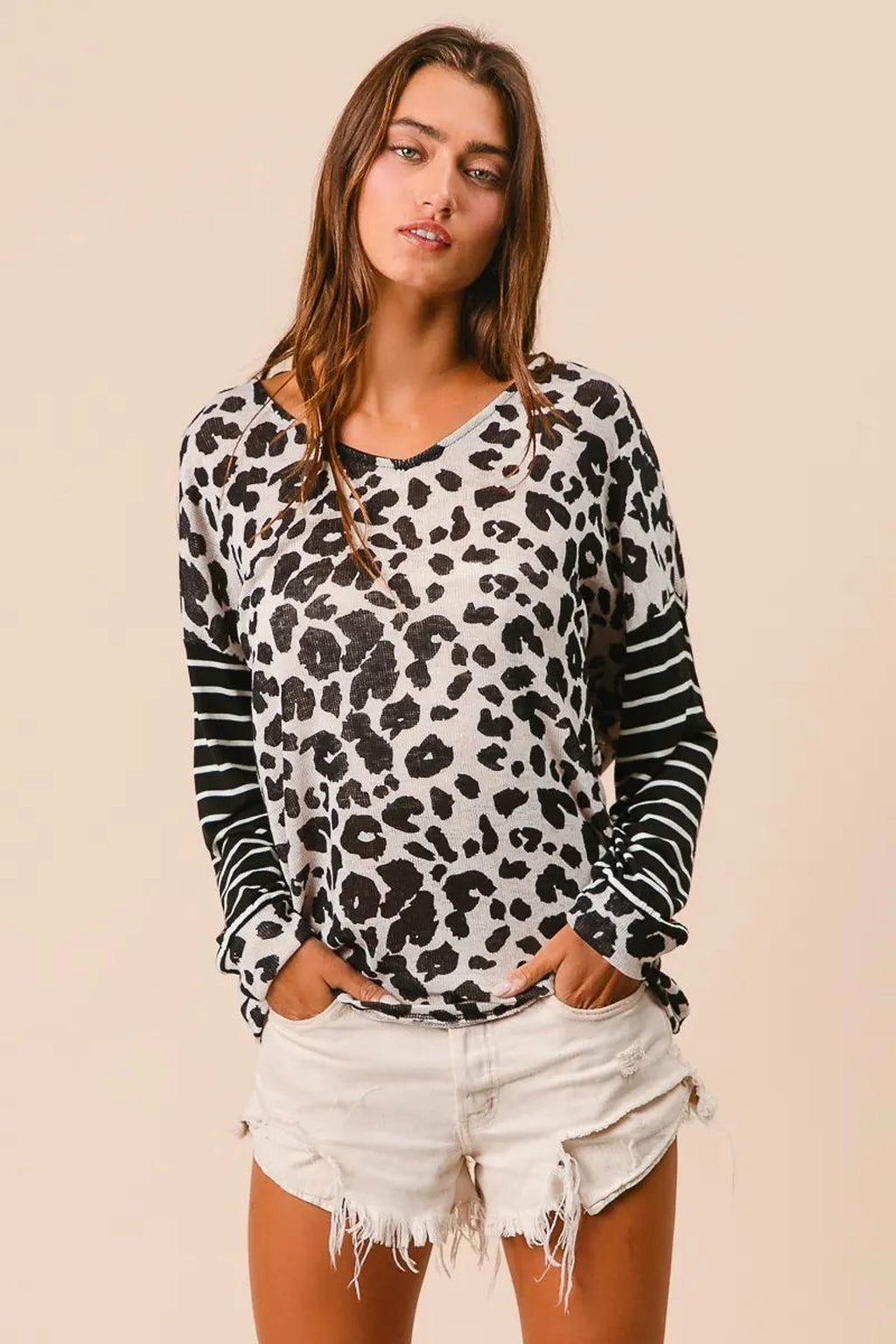 BiBi Leopard Hacci Knit Twist Back Top With Stripe Sleeve - enhanced image 4