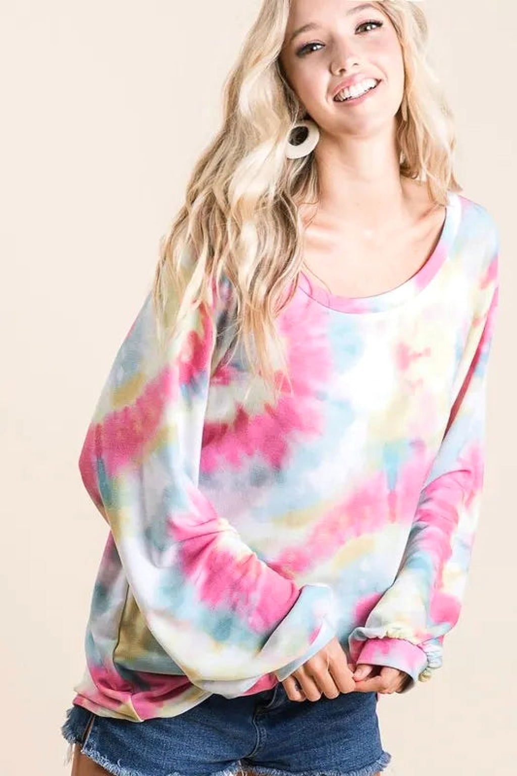 BiBi Tie Dye Print Terry Top With Puff Sleeves - enhanced image 4