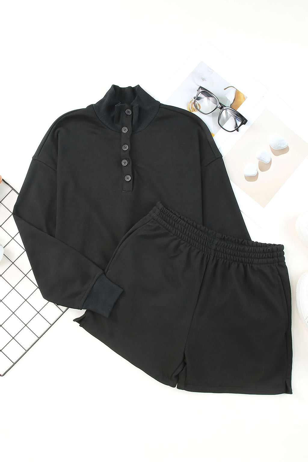 Black Casual High Neck Henley Top and Short Outfit - enhanced image 4