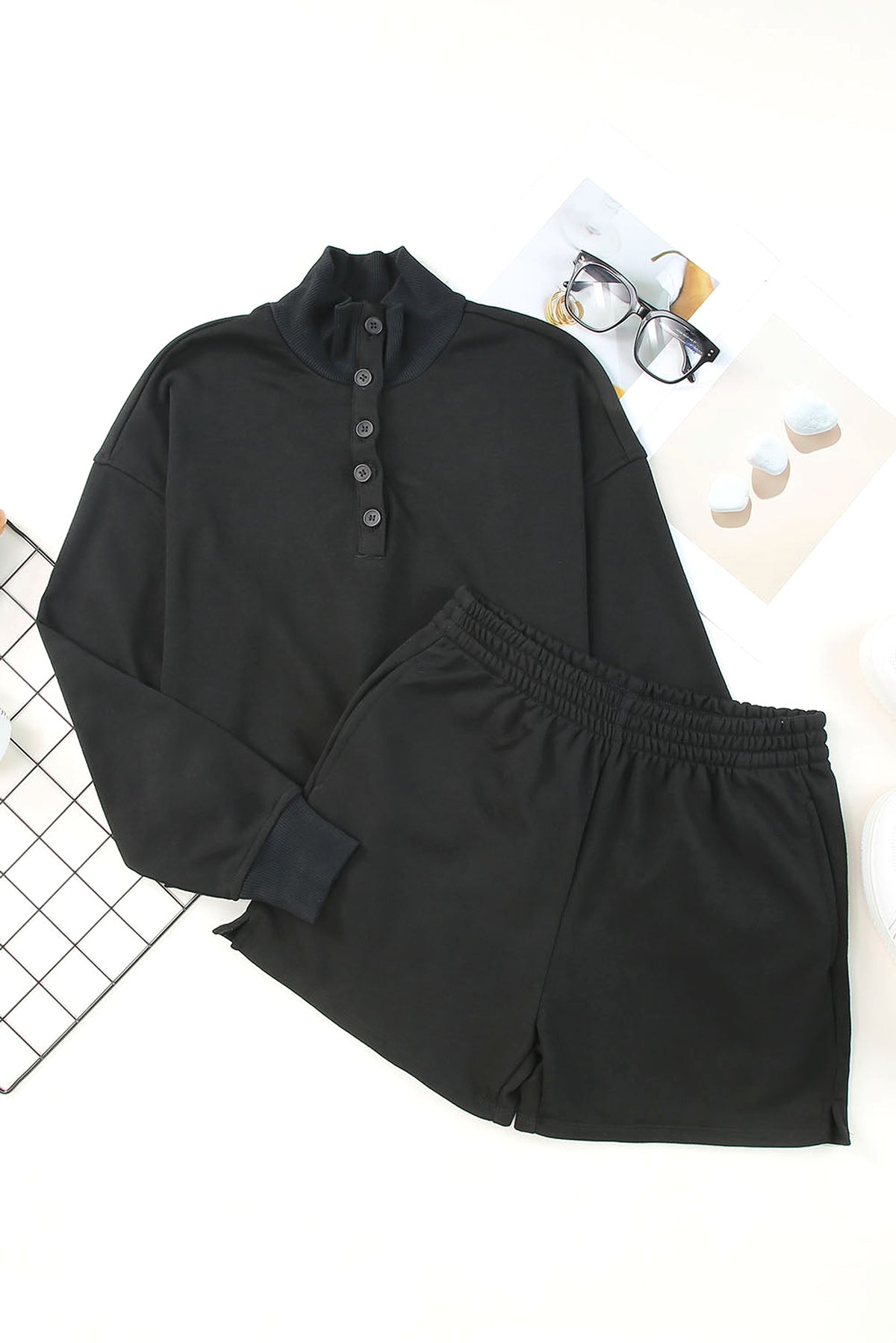 Black Casual High Neck Henley Top and Short Outfit - enhanced image 4