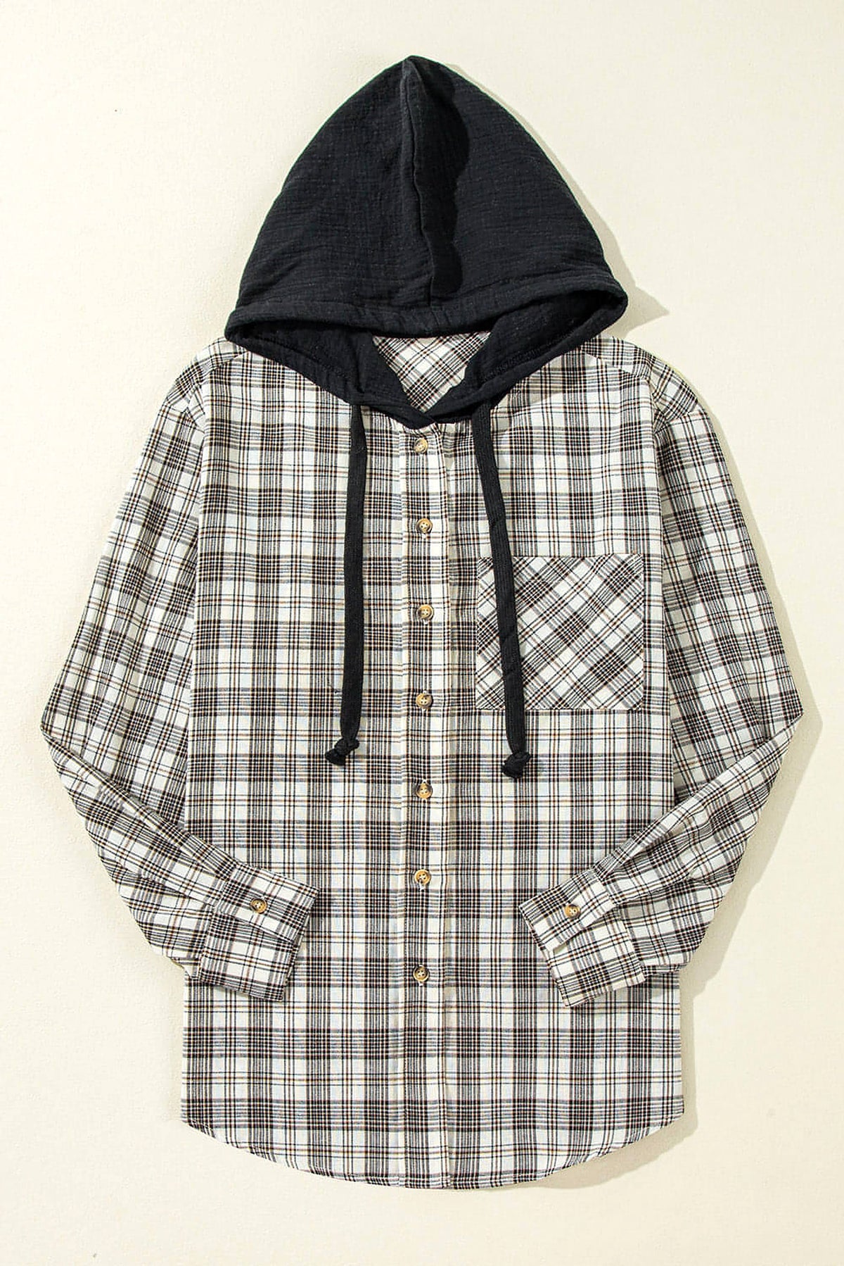 Black Checkered Print Loose Fit Buttoned Hooded Shacket - enhanced image 4