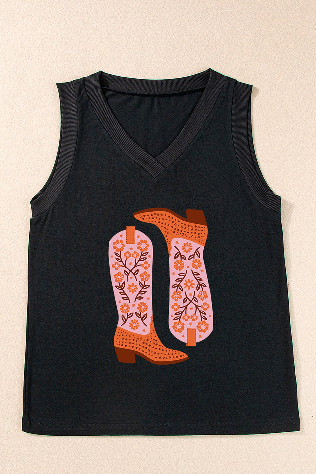 Black Cowgirl Floral Boots Printed Tank Top - enhanced image 4