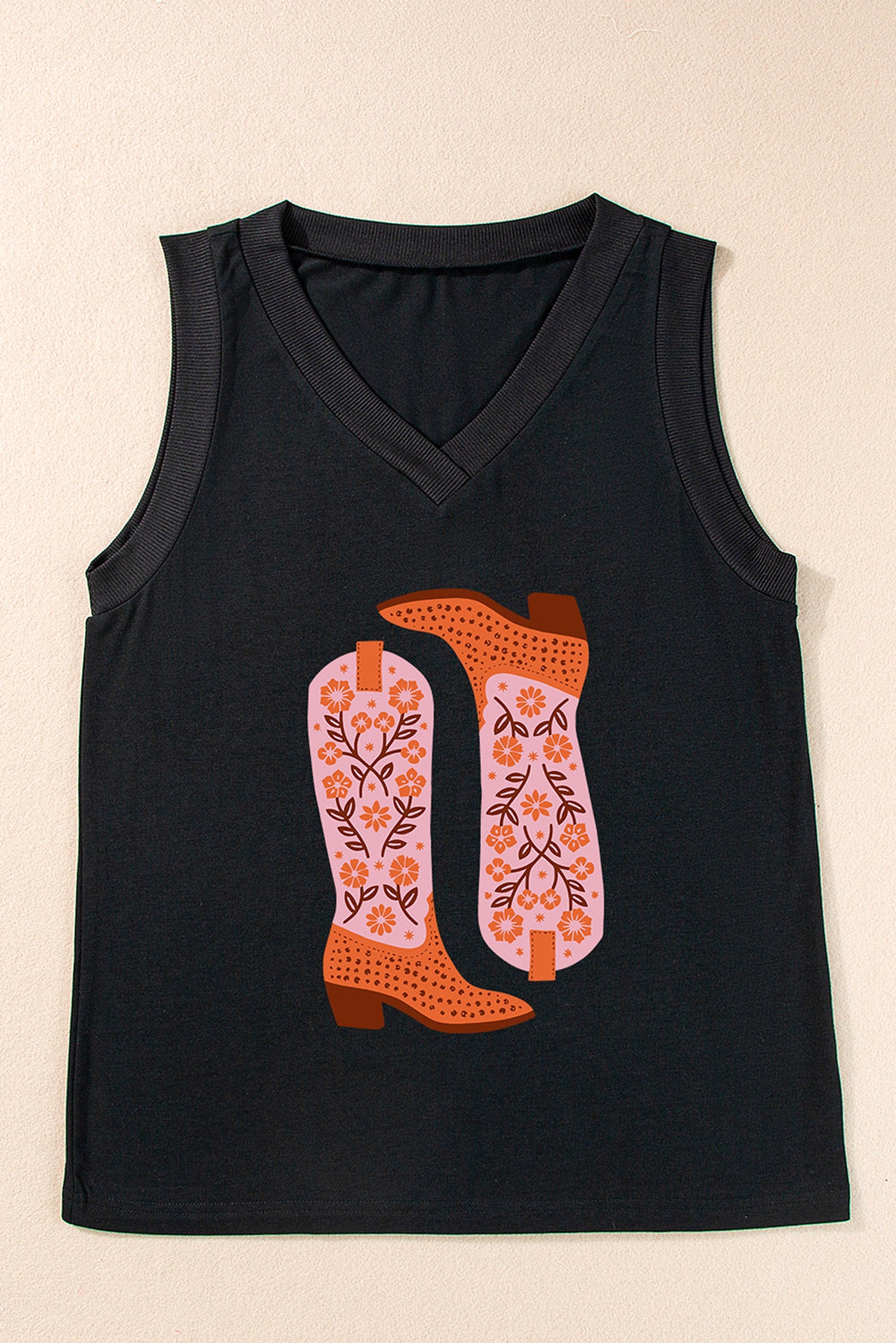 Black Cowgirl Floral Boots Printed Tank Top - enhanced image 4