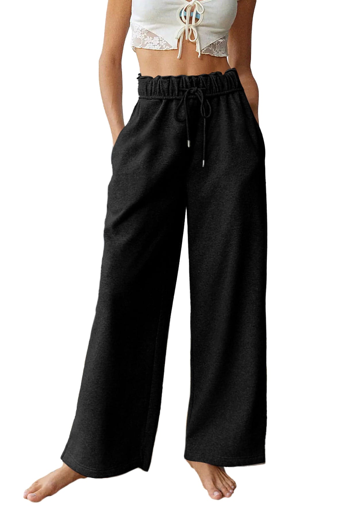 Black Elastic High Waist Drawstring Sweatpants - enhanced image 4