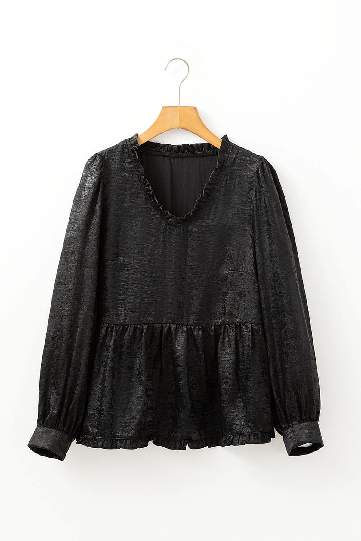 Black Metallic Frilled V Neck Puff Sleeve Babydoll Blouse - enhanced image 4