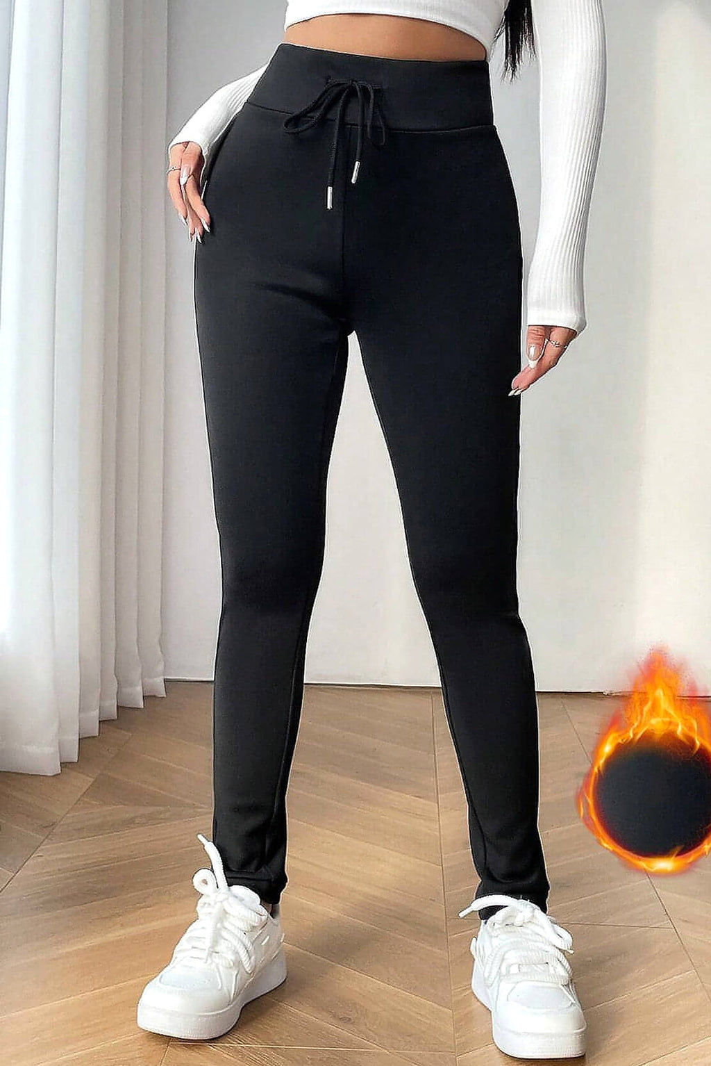 Black Solid Drawstring Waist Thermal Lined Leggings - enhanced image 4