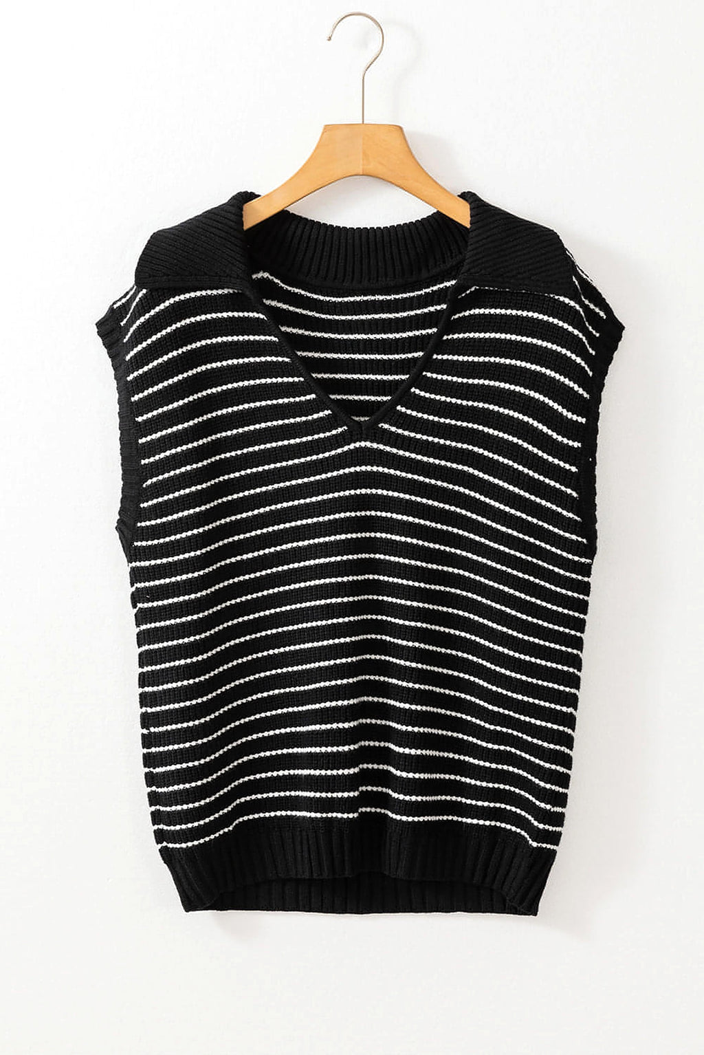 Black Stripe Turn-down V Neck Sweater Tank Top - enhanced image 4