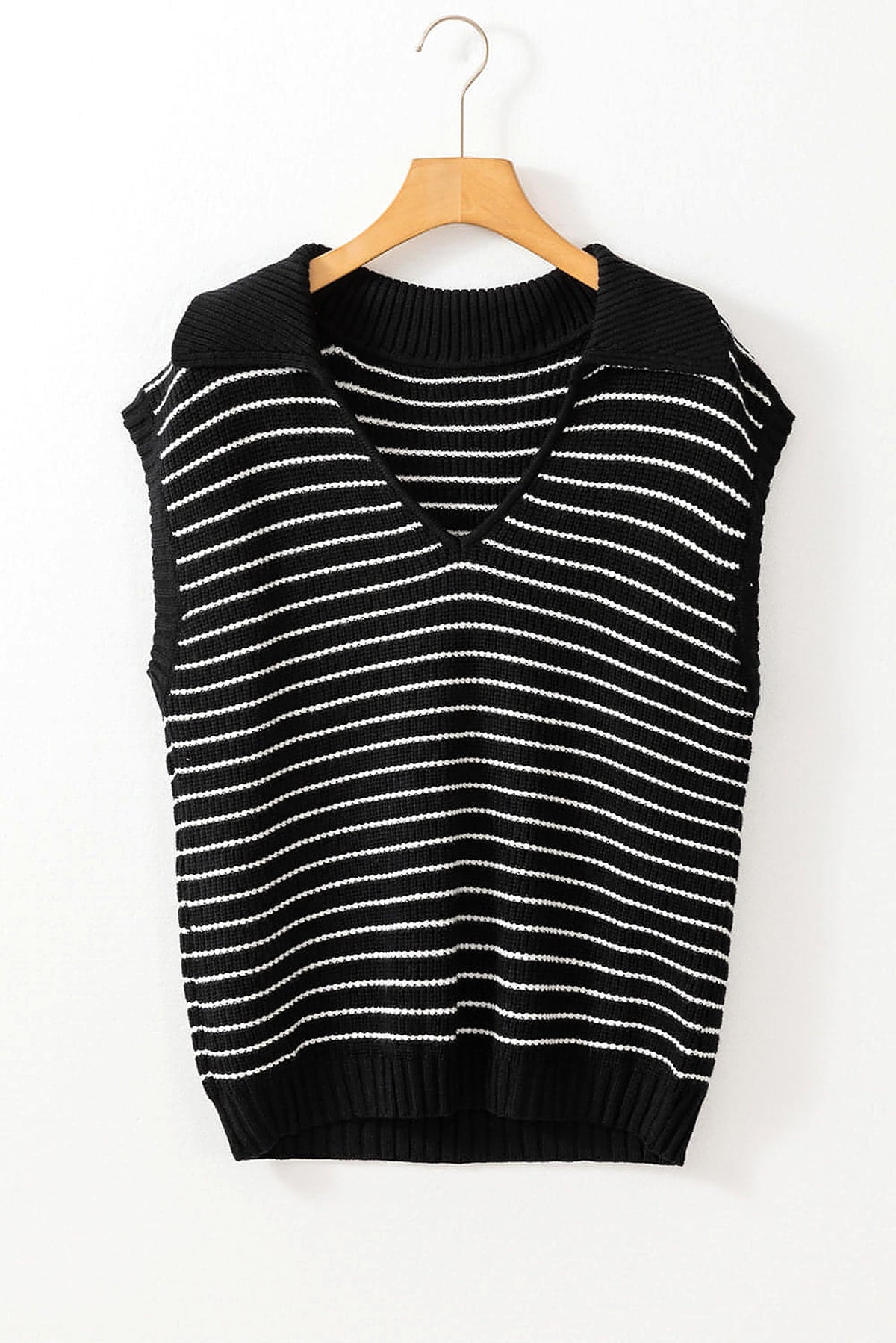 Black Stripe Turn-down V Neck Sweater Tank Top - enhanced image 4