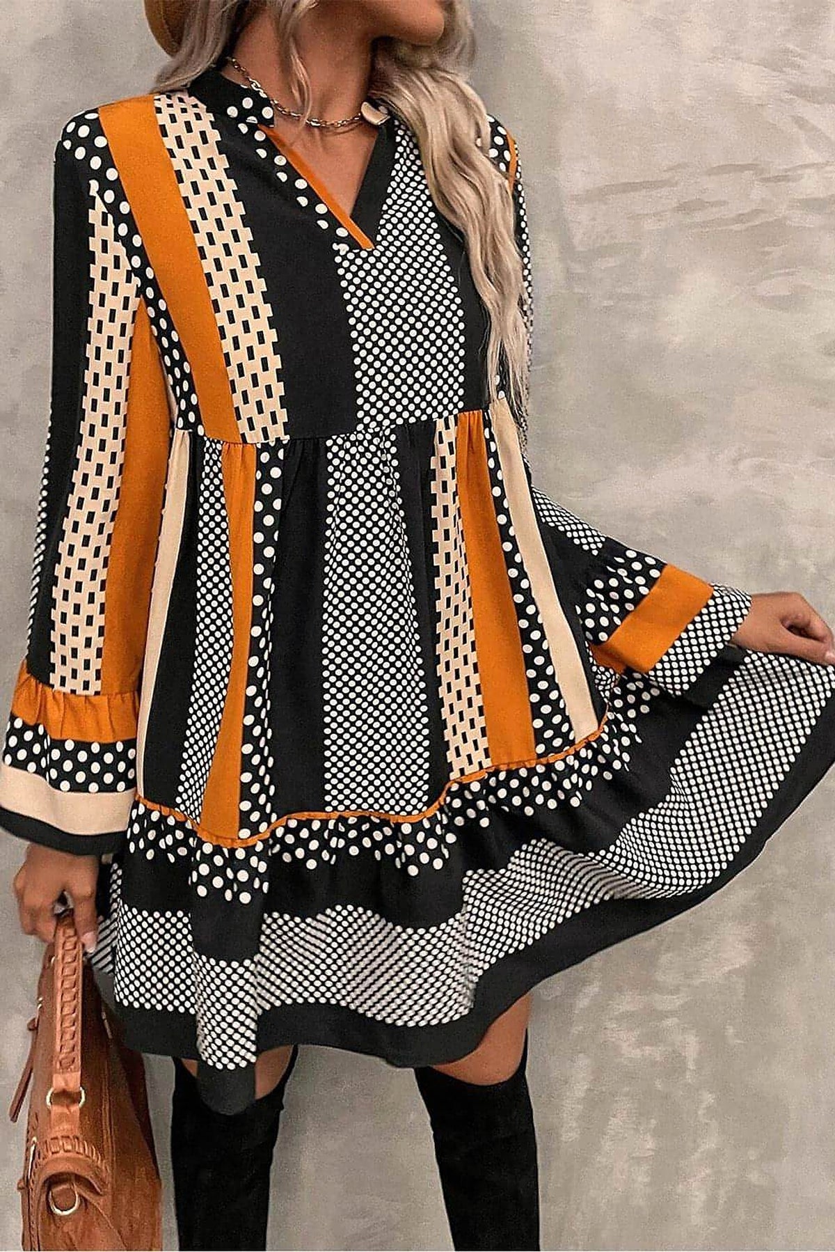 Black Striped Polka Dot Print Ruffled Hem V Neck Mini Dress - enhanced image 4