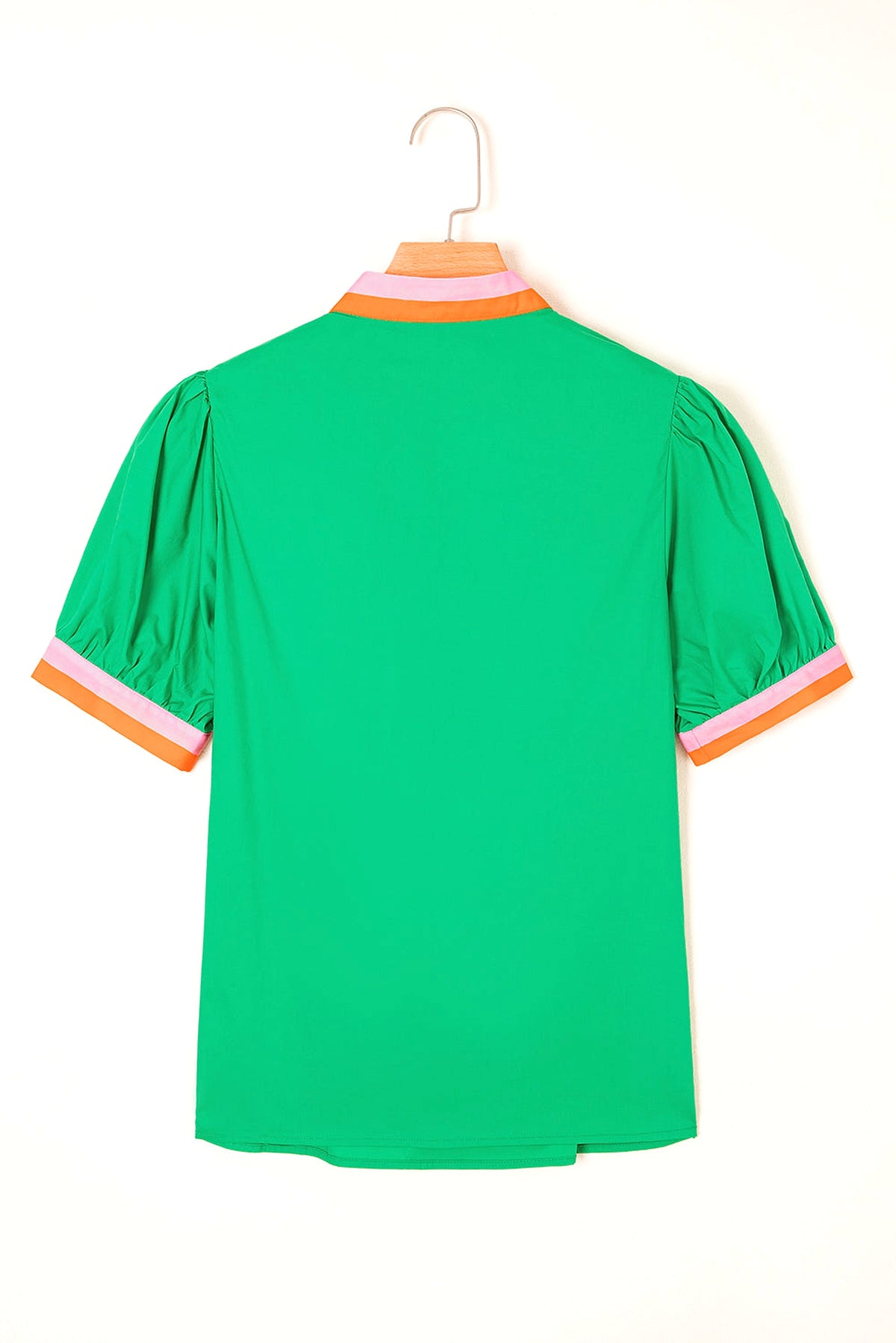 Bright Green Contrast Striped V Neck Collision Short Puff Sleeve Blouse - enhanced image 4