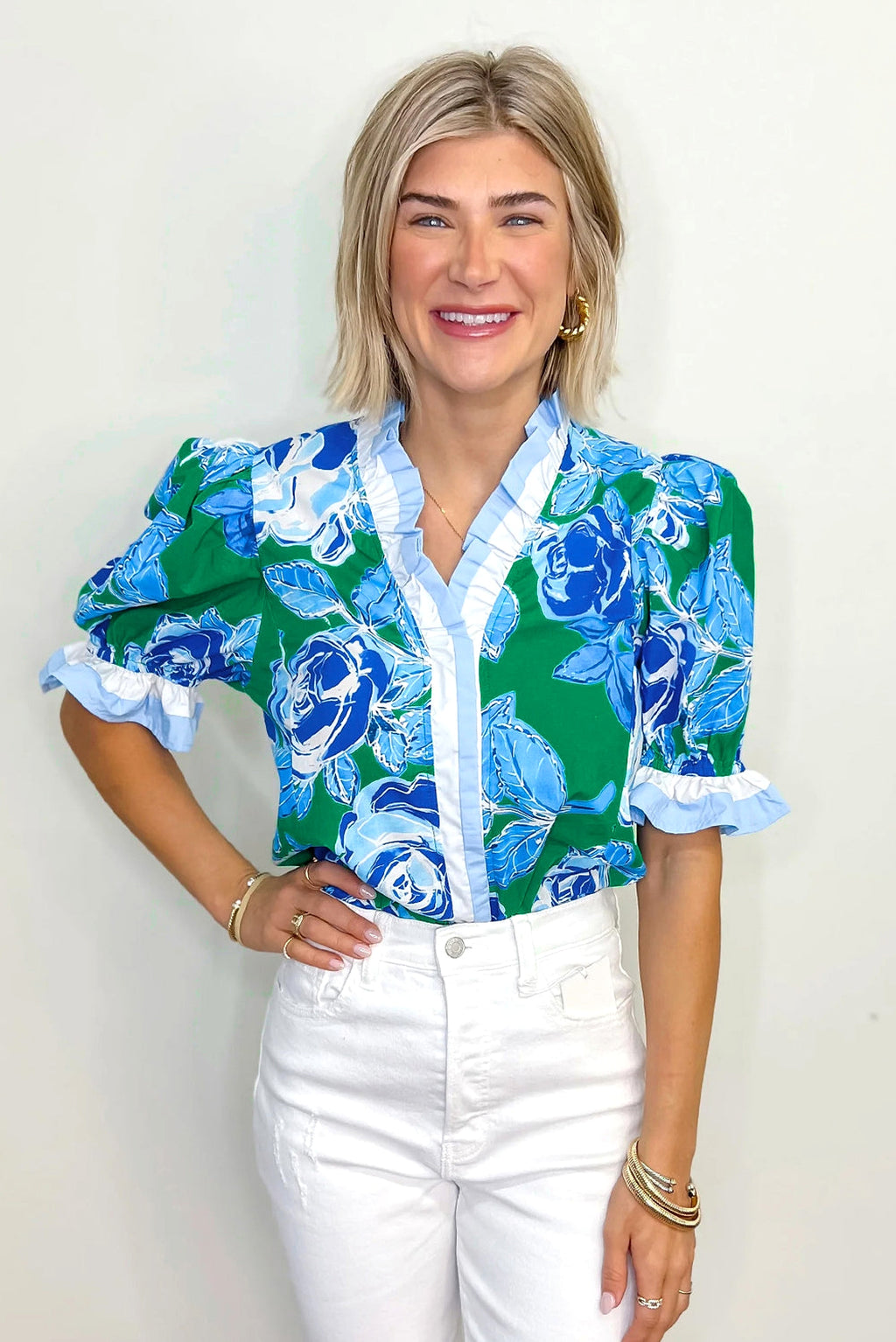 Bright Green Floral Frilled V Neck Short Sleeve Blouse Top - enhanced image 4