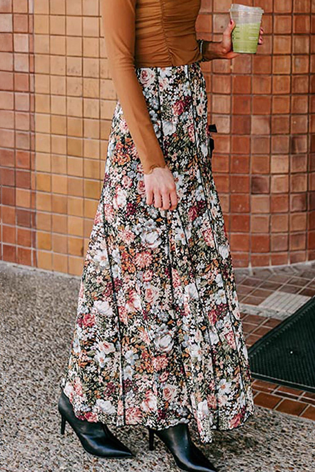 Brown Floral Print High Waist Maxi Skirt - enhanced image 4