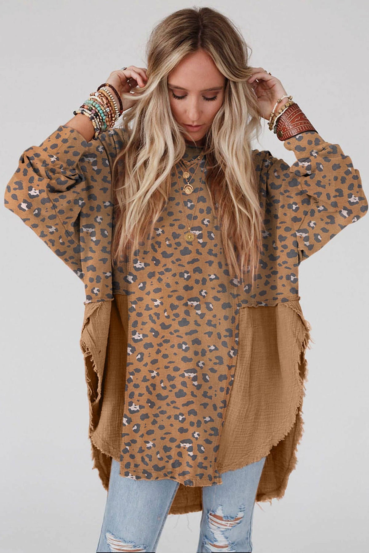 Brown Printed Raw Edge Leopard Patchwork Oversized Blouse - enhanced image 4