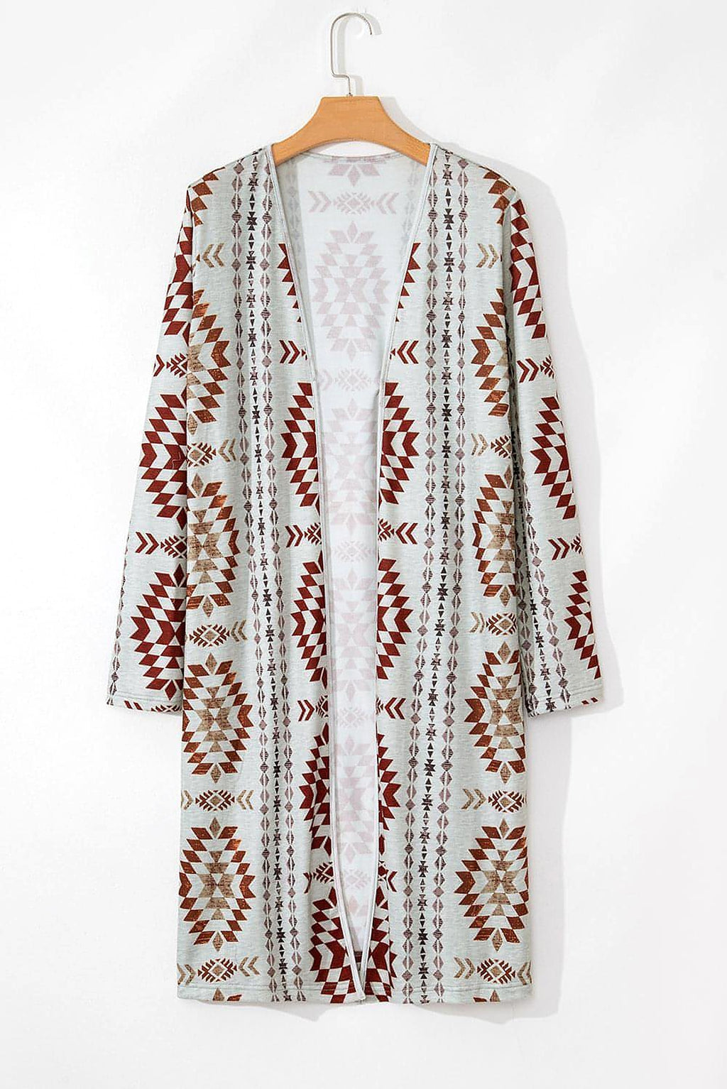 Brown Western Aztec Printed Open Front Long Cardigan - enhanced image 4