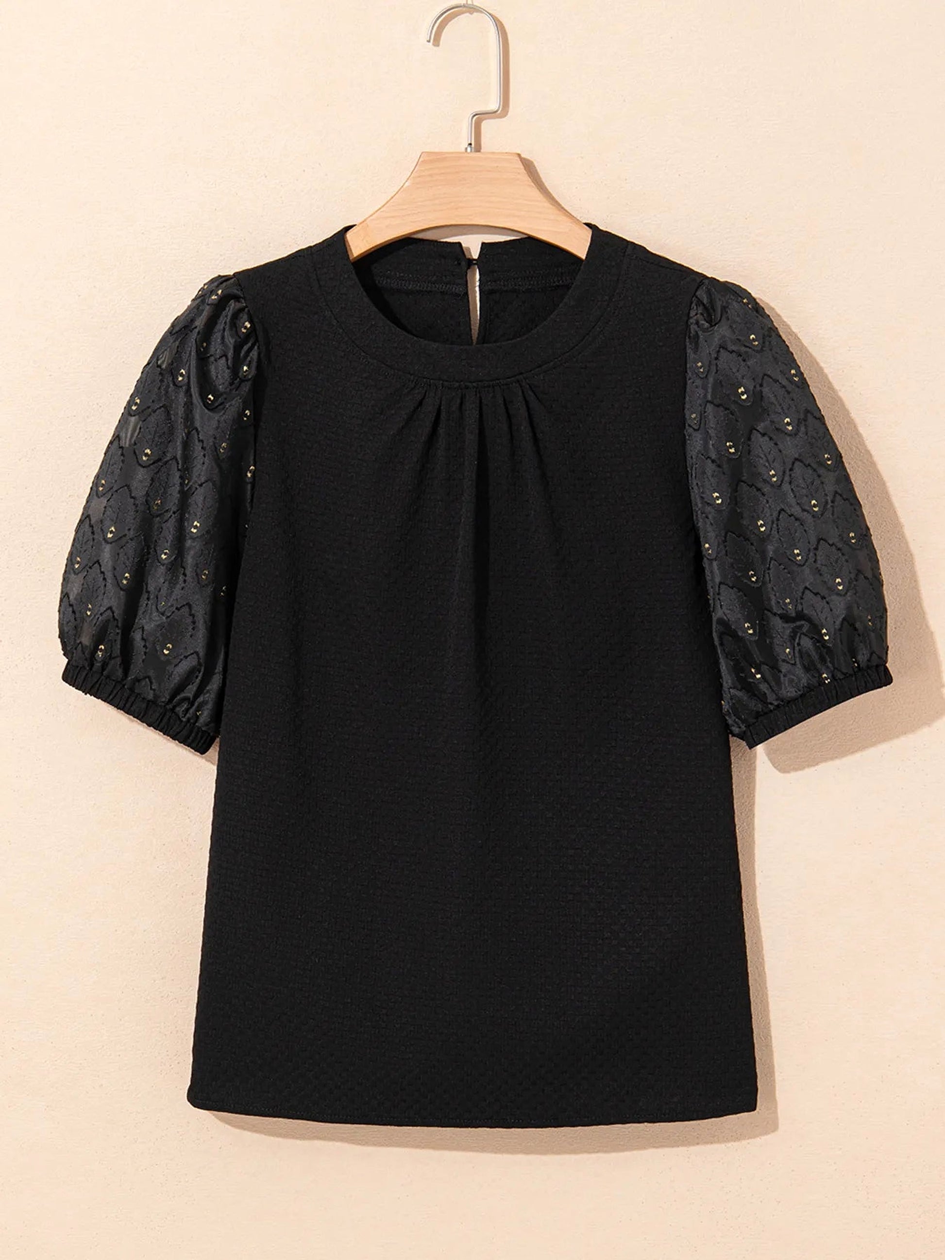 Bubble Sleeve Patchwork Textured Blouse - enhanced image 4