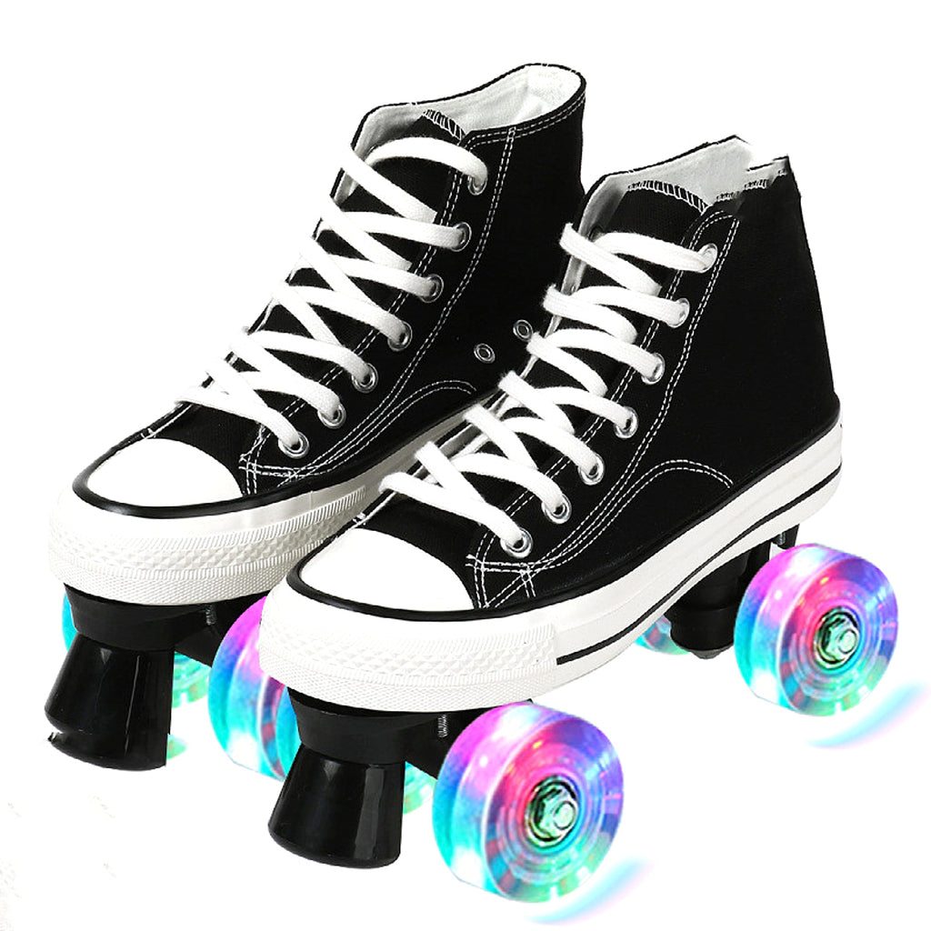 Canvas Black White Double Row Skates Adult Flash Roller Skating Rink Roller Skates - enhanced image 4
