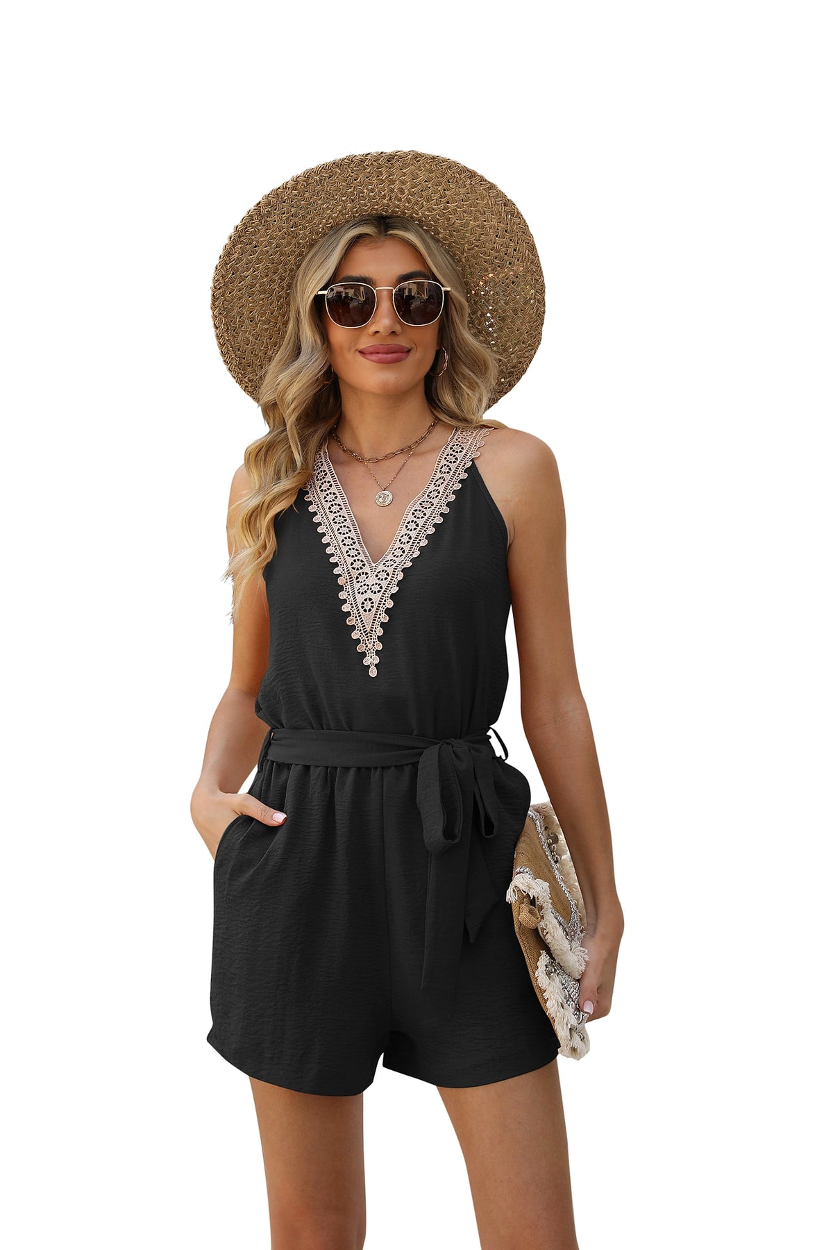 A.1 Casual Lace V-neck Sleeveless Belt Jumpsuit - enhanced image 4