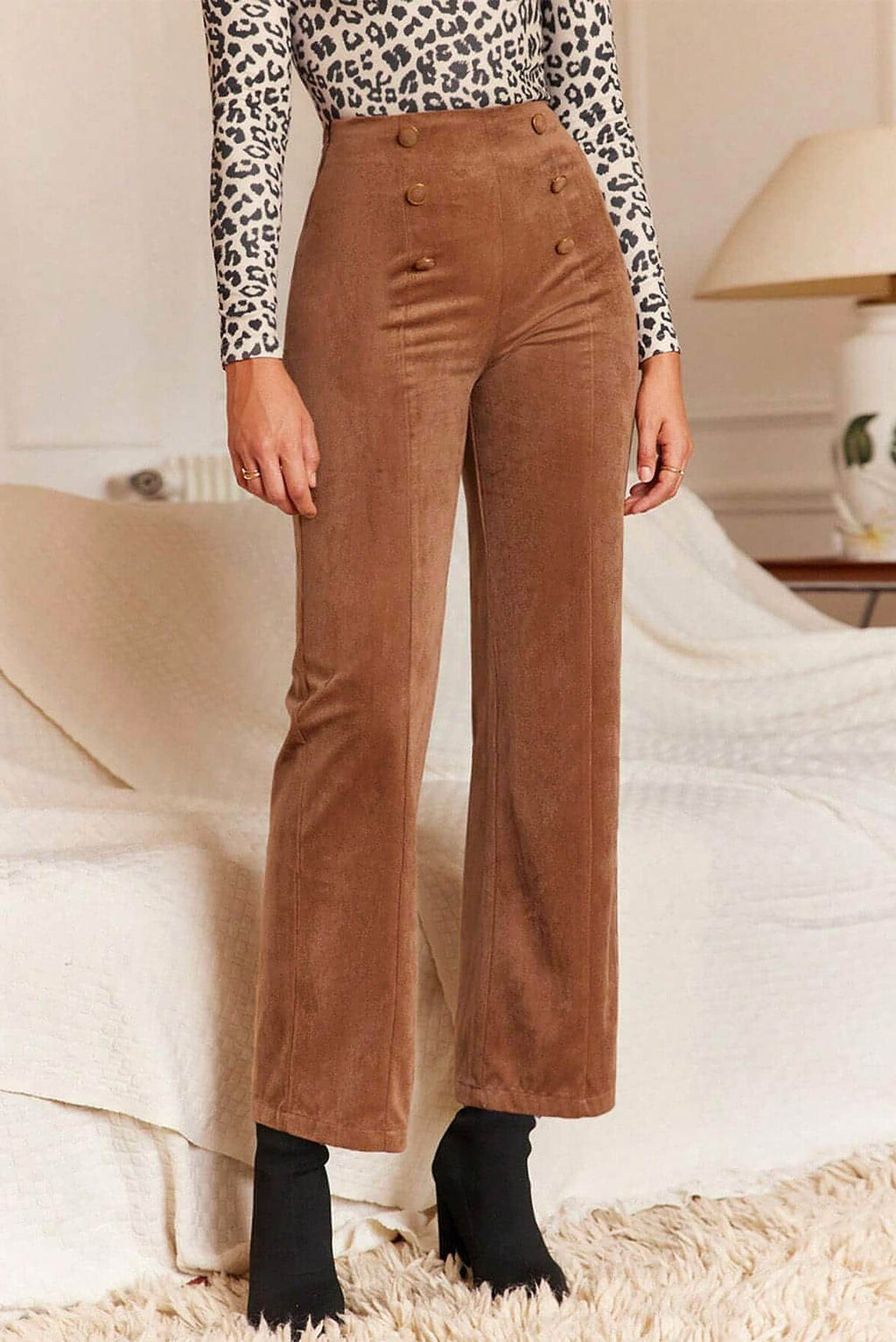 Chestnut Solid Color Double Breasted Straight Leg Pants - enhanced image 4