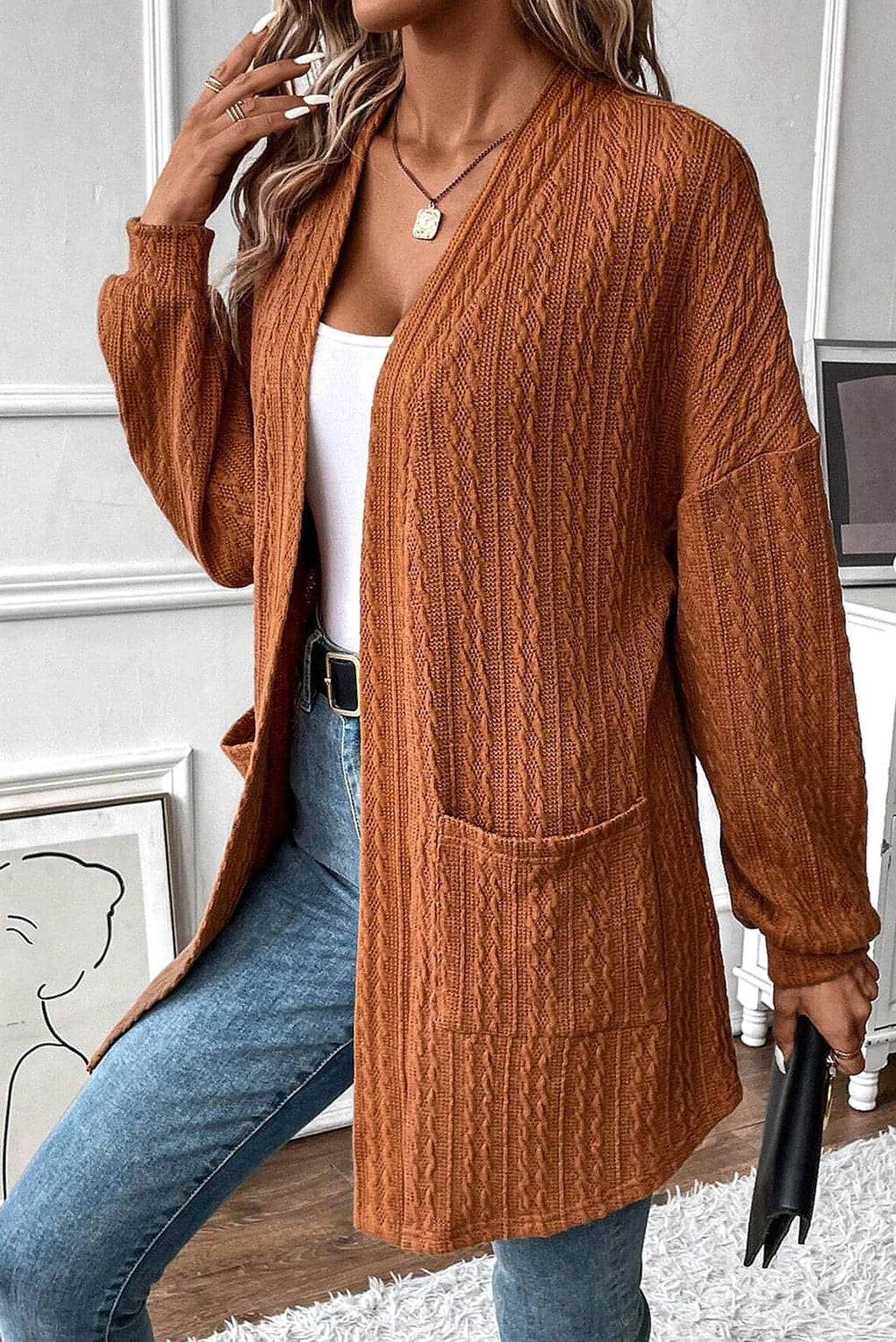 Chestnut Textured Knit Side Pockets Open Front Cardigan - enhanced image 4
