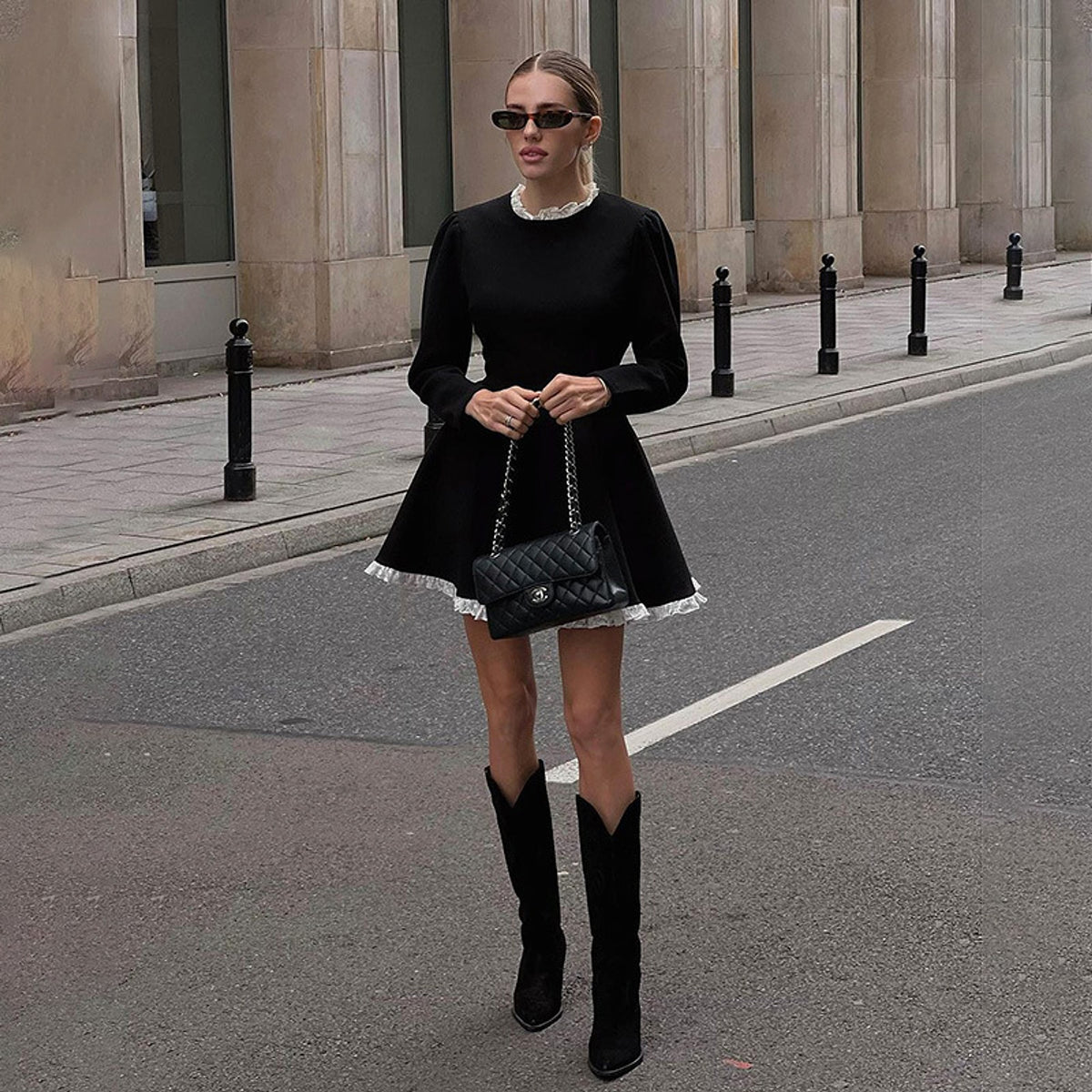A1. Contrast Color Fungus Long Sleeve A- Line Dress Women - enhanced image 4