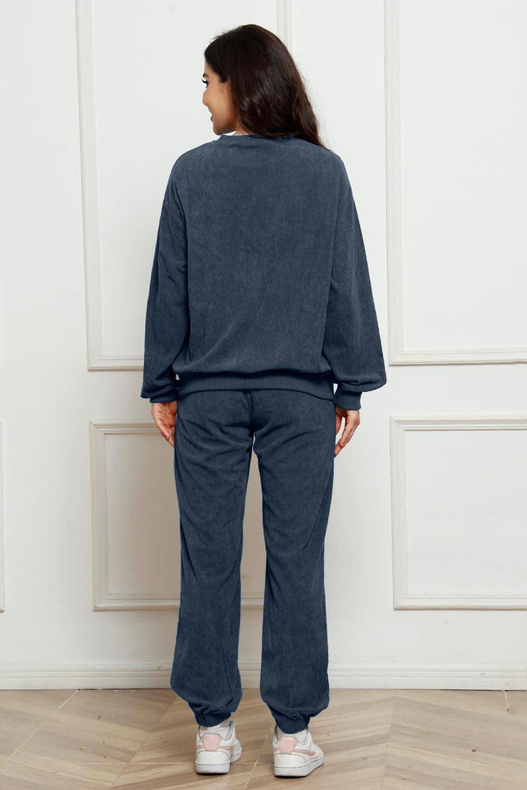 Corduroy Round Neck Sweatshirt and Sweatpants Set - enhanced image 4