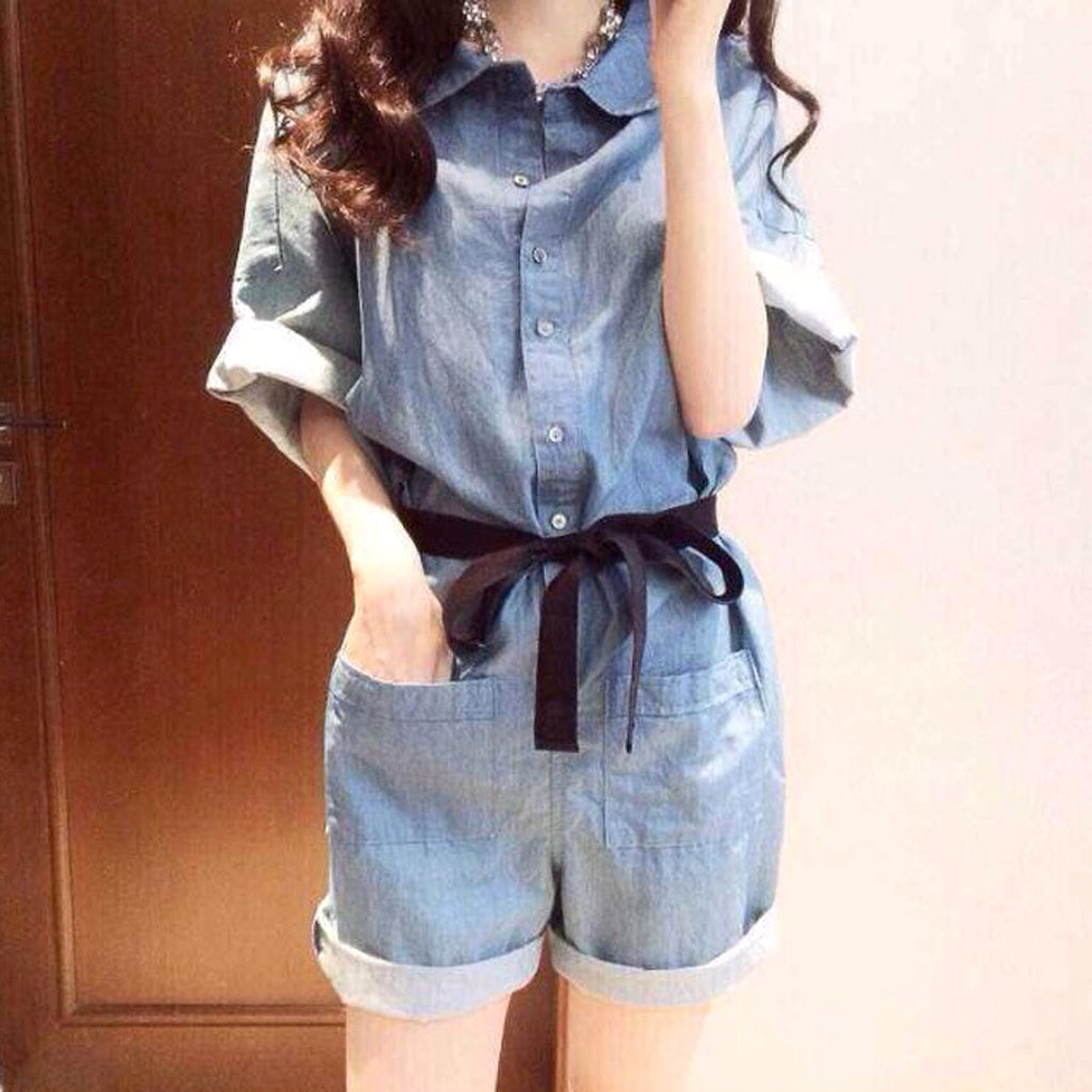 Denim Short Sleeve Jumpsuit - enhanced image 4