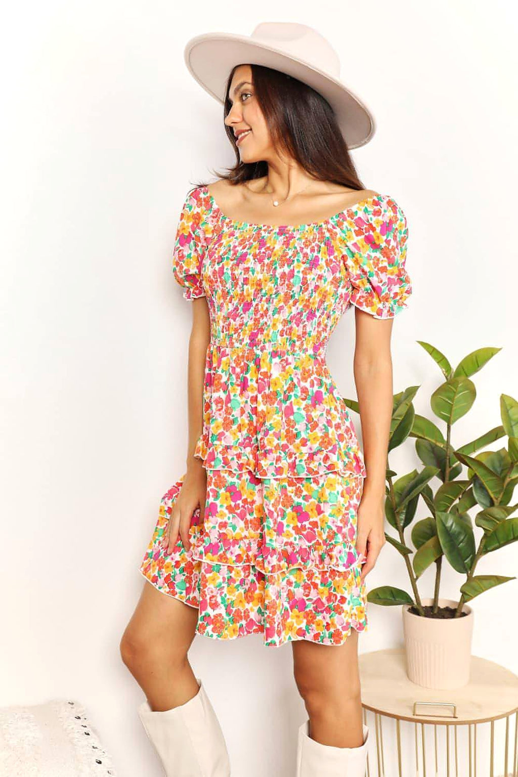 Devine Smocked Sweetheart Neck Flounce Sleeve Mini Dress - enhanced image 4