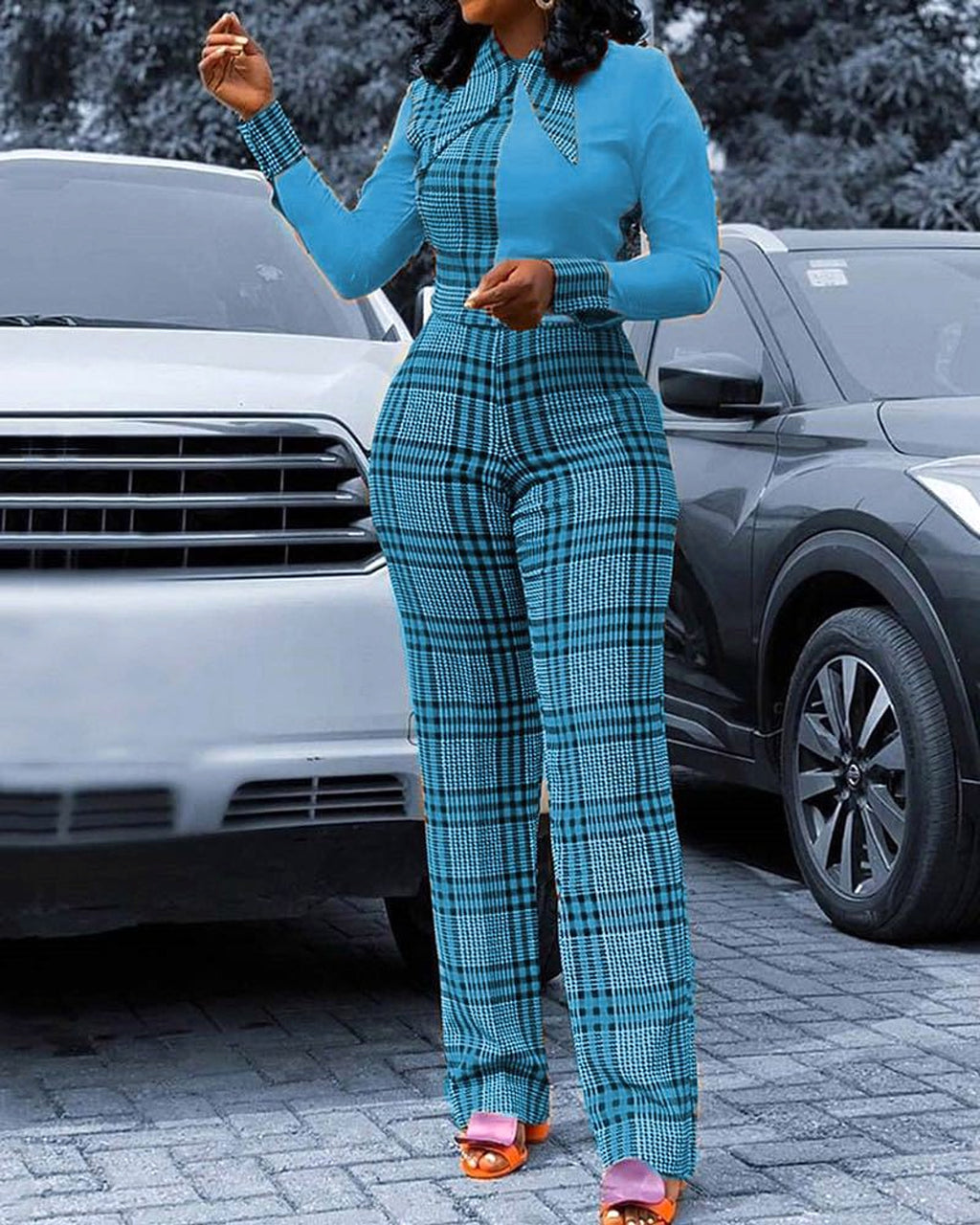 Digital Printing Check Stitching Jumpsuit - enhanced image 4