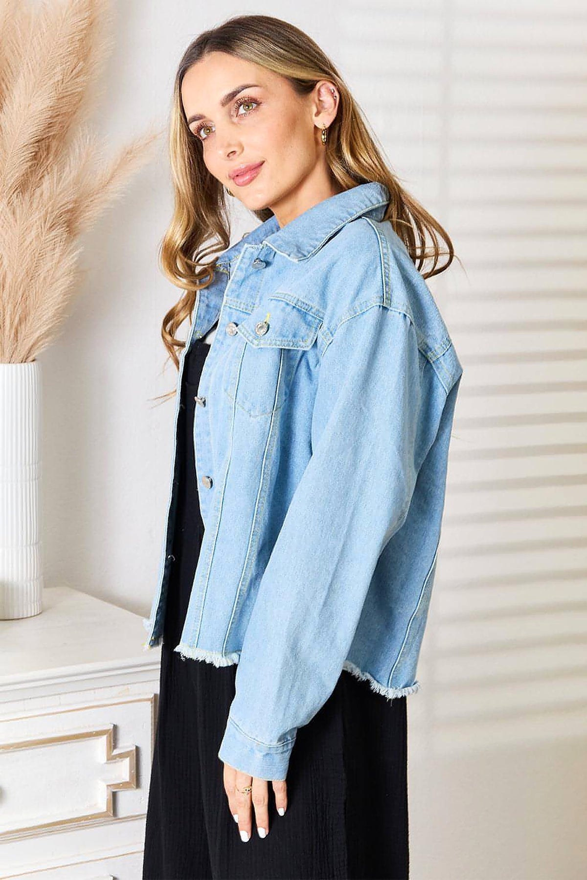 Double Take Dropped Shoulder Raw Hem Denim Jacket - enhanced image 4