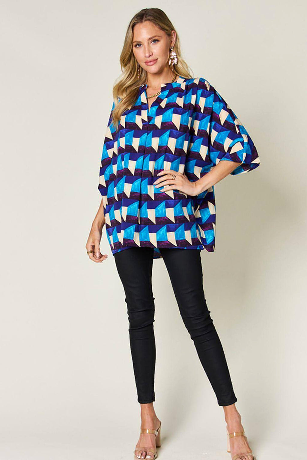 Double Take Full Size Geometric Notched Half Sleeve Blouse - enhanced image 4