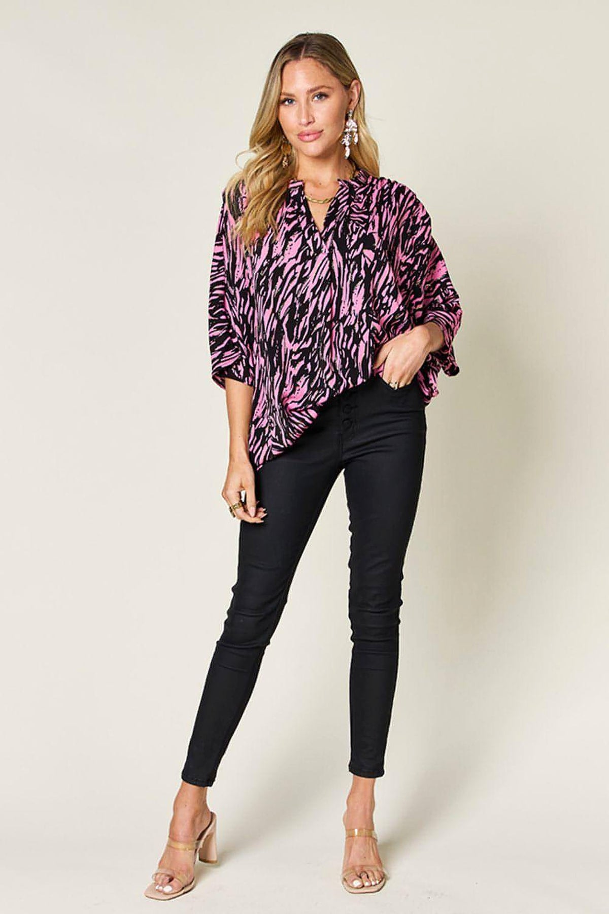 Double Take Full Size Printed Notched Three-Quarter Sleeve Blouse - enhanced image 4