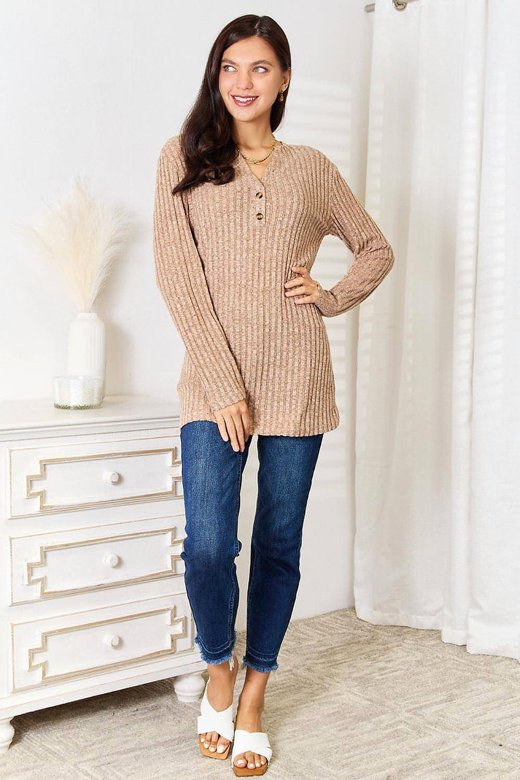 Double Take Notched Neck Ribbed Long Sleeve T-Shirt - enhanced image 4