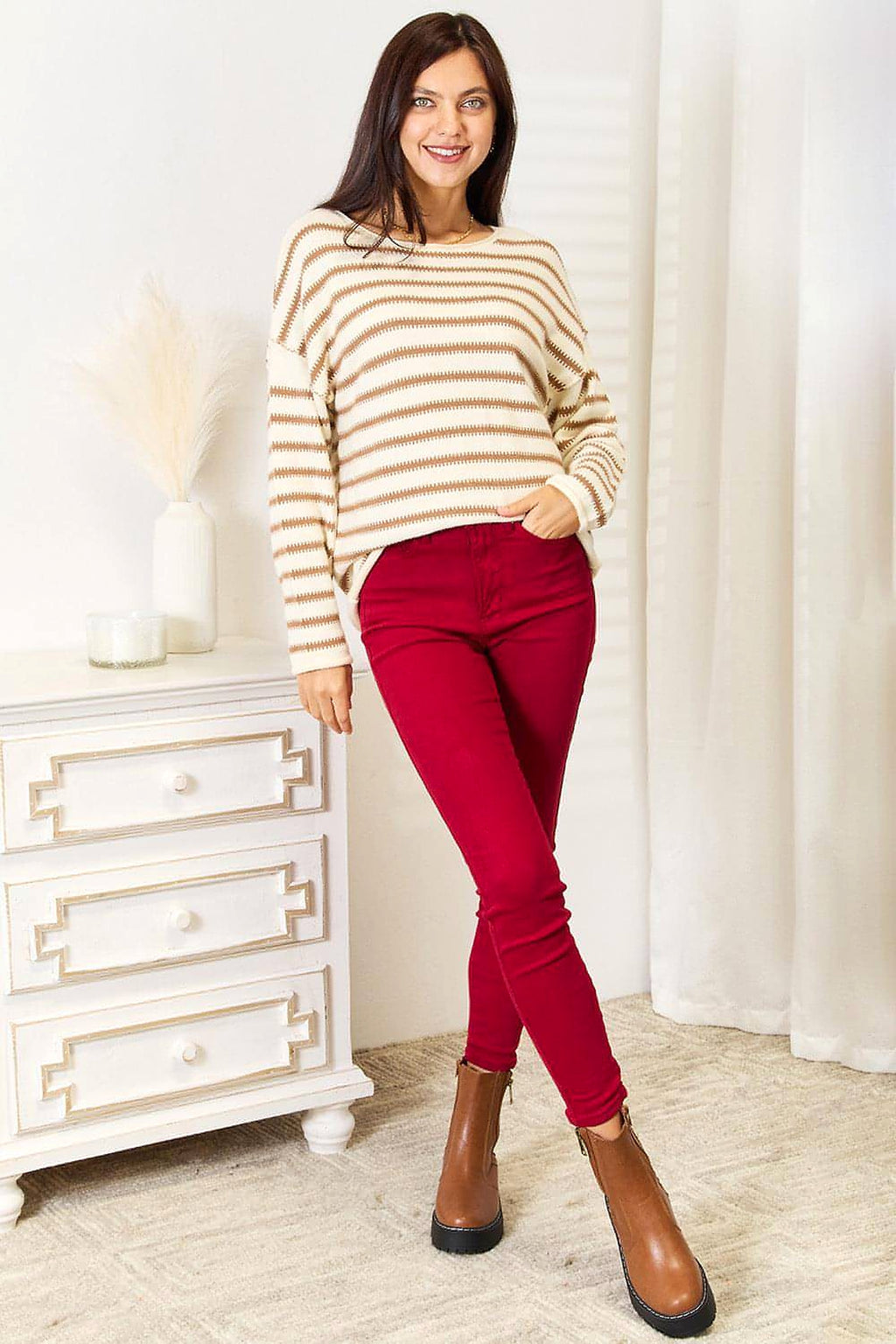 Double Take Striped Boat Neck Sweater - enhanced image 4