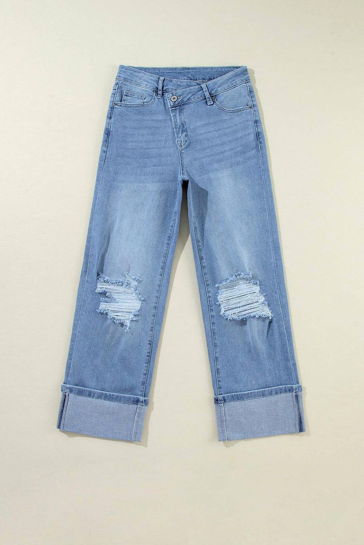 Dusk Blue High Rise Asymmetric Button Zip Fly Ripped Jeans - enhanced image 4