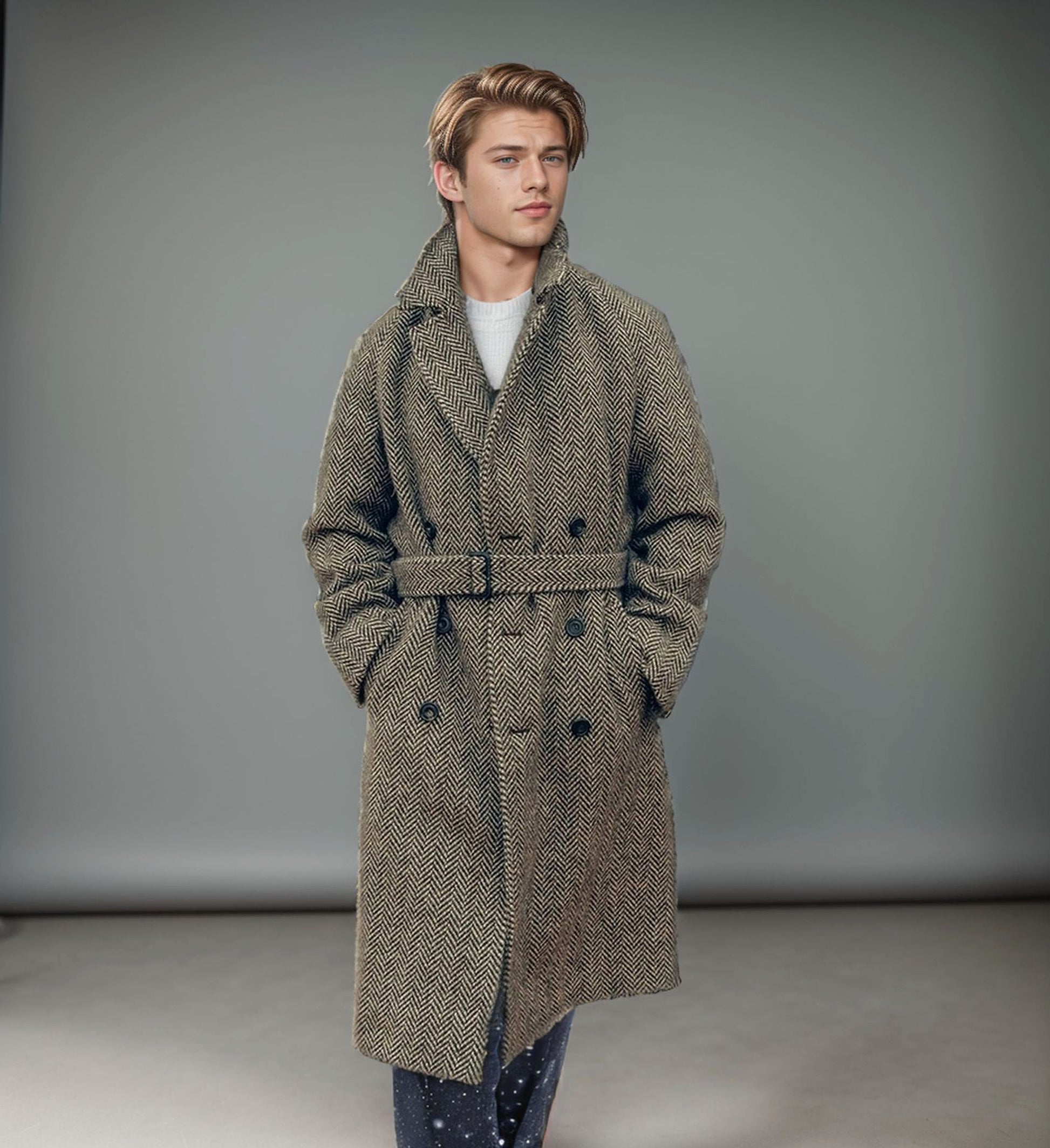 Fall Winter Men Mid-length Woolen Plaid Double Breasted Cotton Padded Thickened Coat - enhanced image 4