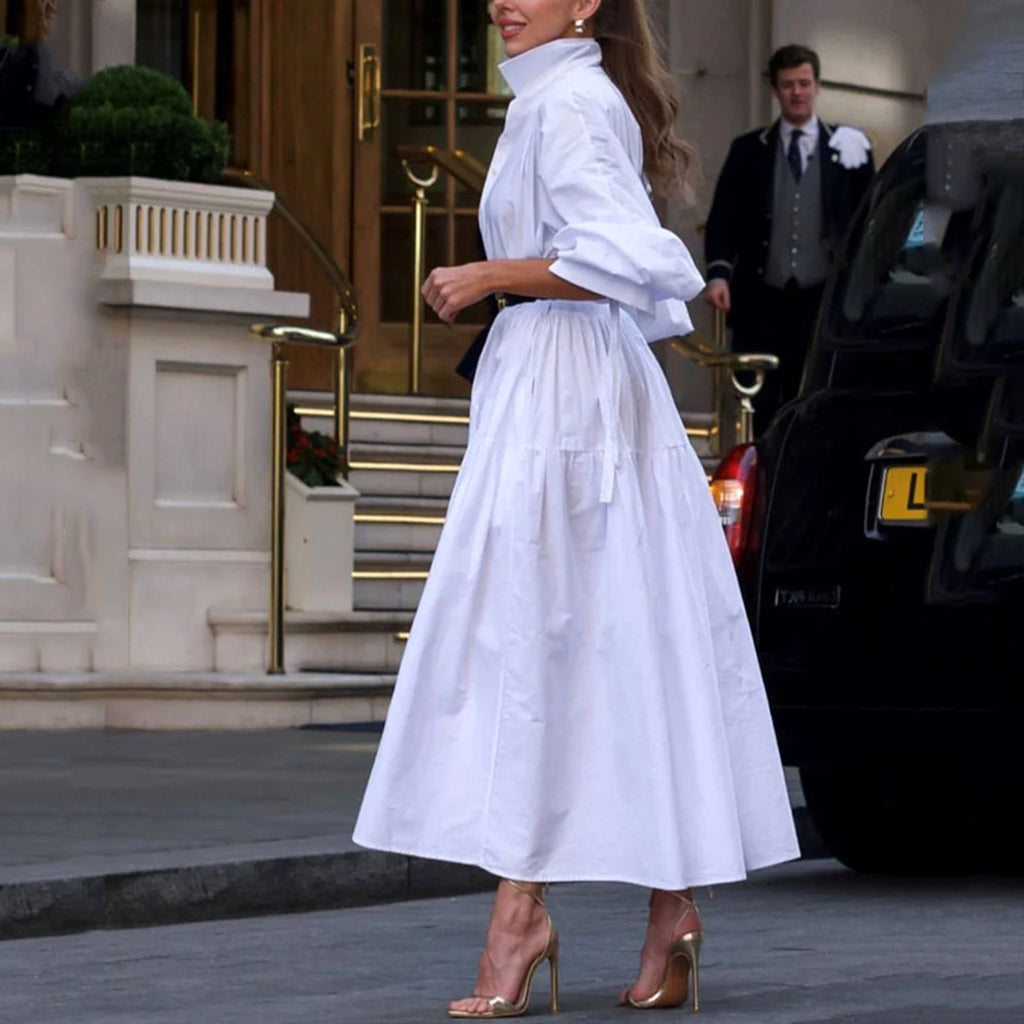 Fashion Pure White Lapel Belt Dress - enhanced image 4